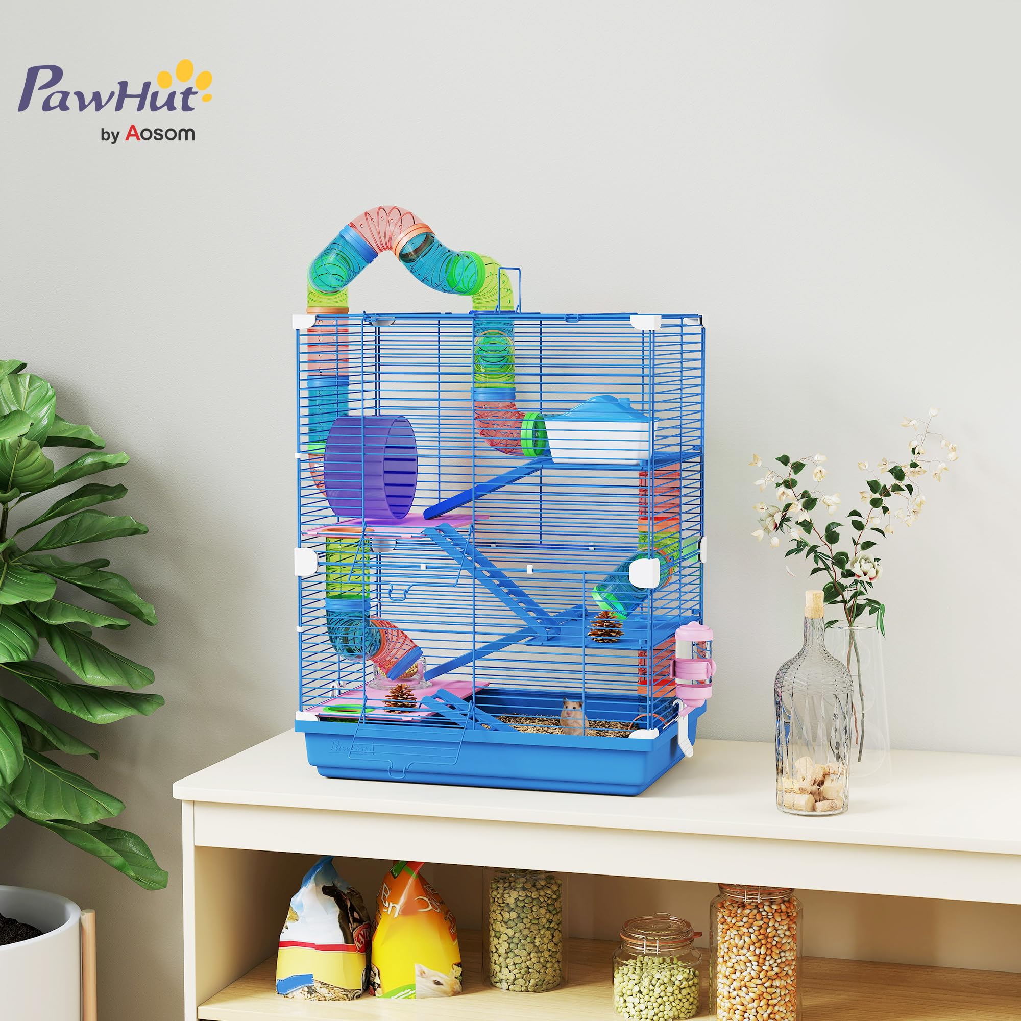 PawHut Gabbia per Criceti a 5 Livelli con Tubi, Ruota, Casetta, Scale e Bottiglia, Gabbietta per Roditori in Metallo e Plastica, 46x30x58 cm, Blu Scuro
