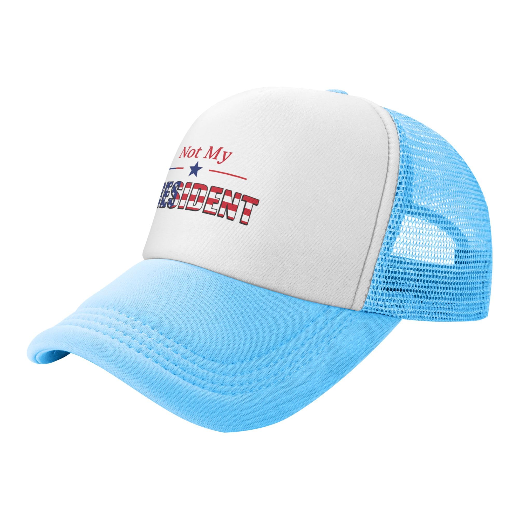 FDT Not My President Trucker Hat Resist Patriotic Kids Hats Adjustable Mesh Baseball Cap - Sky Blue