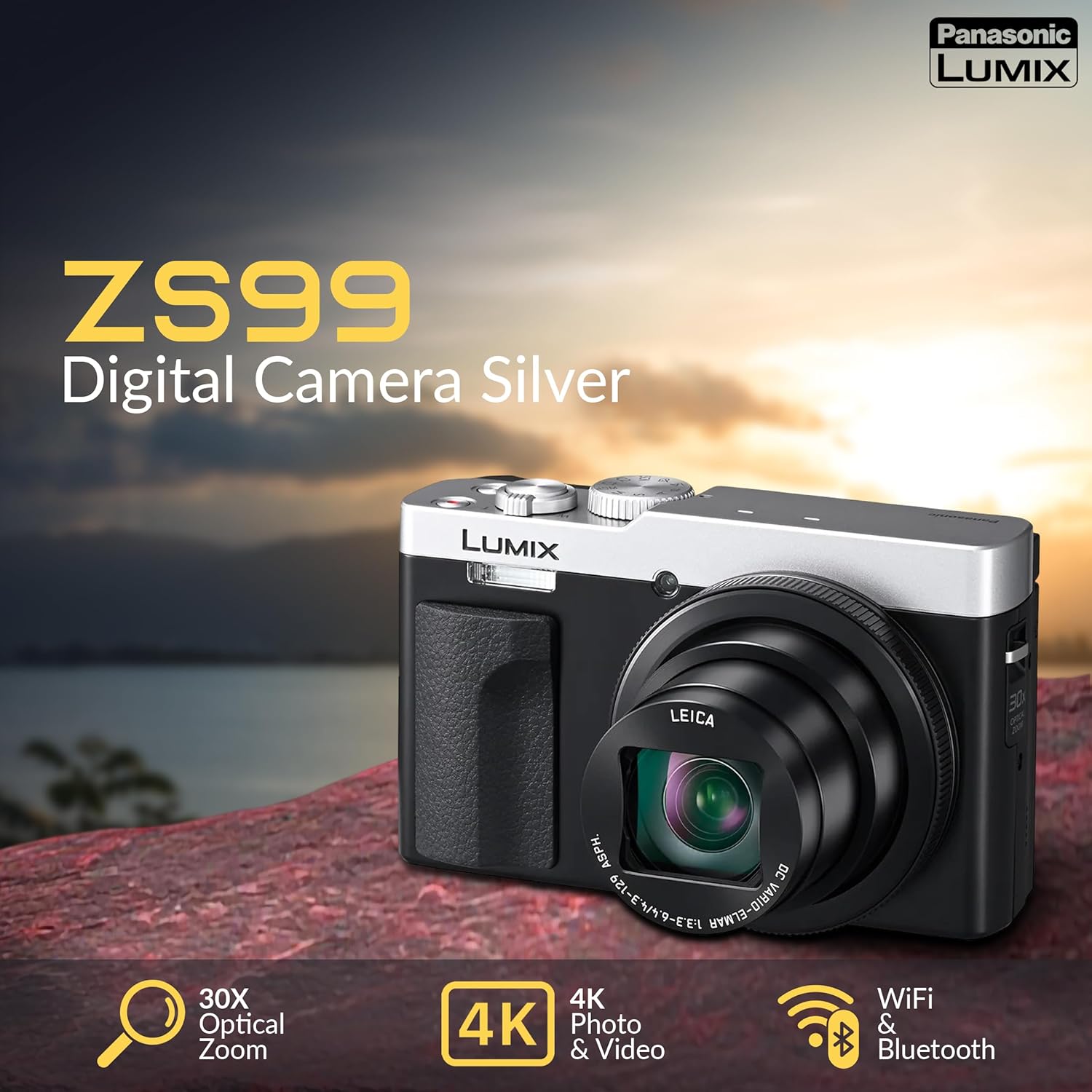 Panasonic LUMIX ZS99 Black Compact Point and Shoot Digital Camera (DC-ZS99K) Bundle with - 128GB SD Card, Shoulder Bag, Sling Strap, Extra Battery, Tripod, Photo Video Software, Care Kit (Silver)