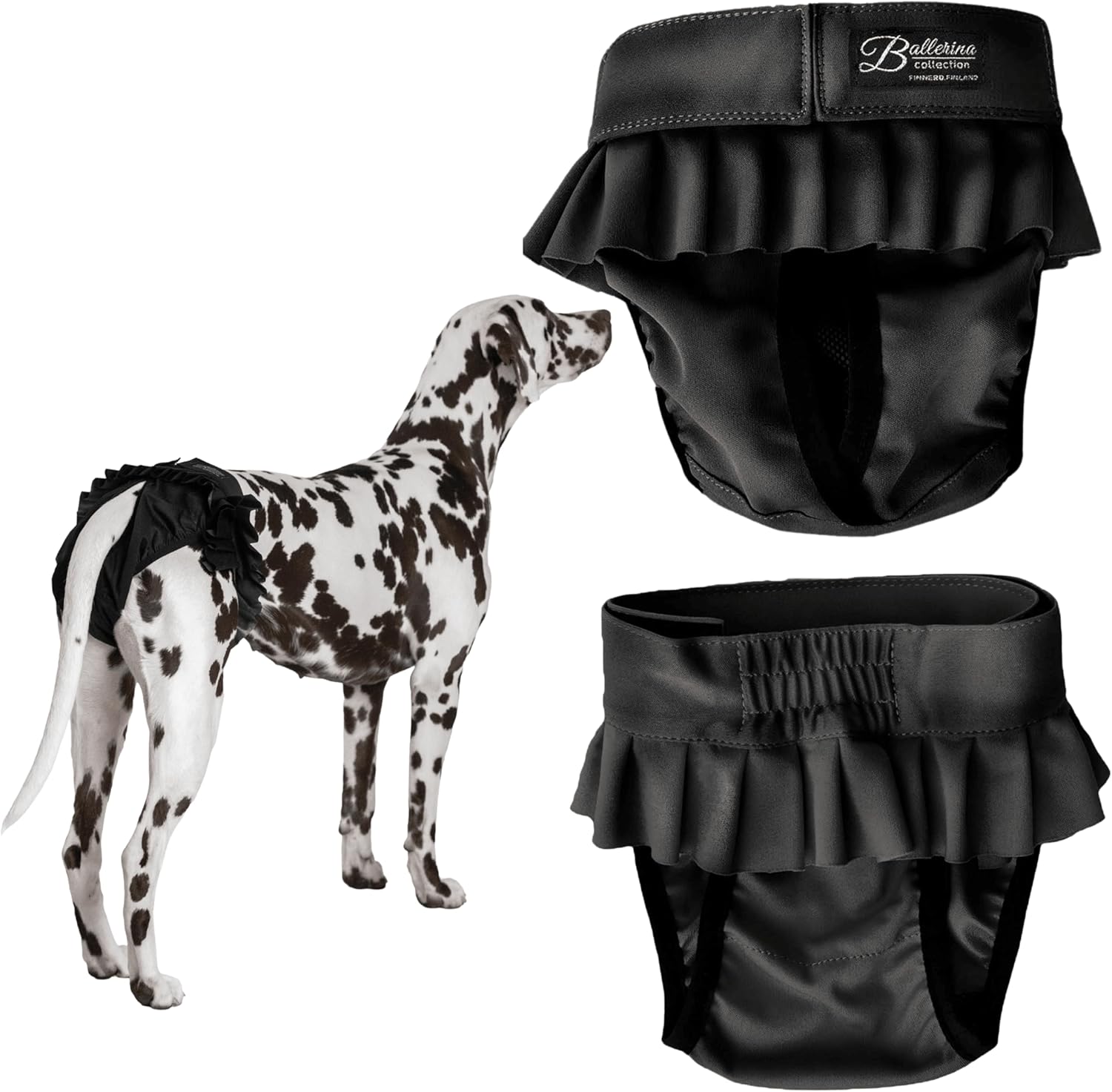 FINNERO Ballerina Dog Diaper – Washable, Reusable, Leak-Proof – Heat, Period & Urine Incontinence Protection – Comfortable, and Stylish Design – Adjustable Fit for Female Dogs – Medium, Black