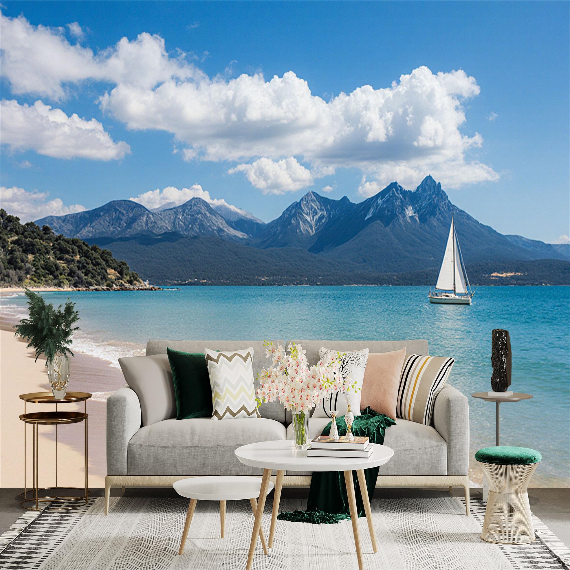 Custom Size Wall Sticker Mural， Scenic Ocean View with Sailboat， Majestic Mountains and Sandy Beach， for wall Decoration， peelandstick wall Decals.
