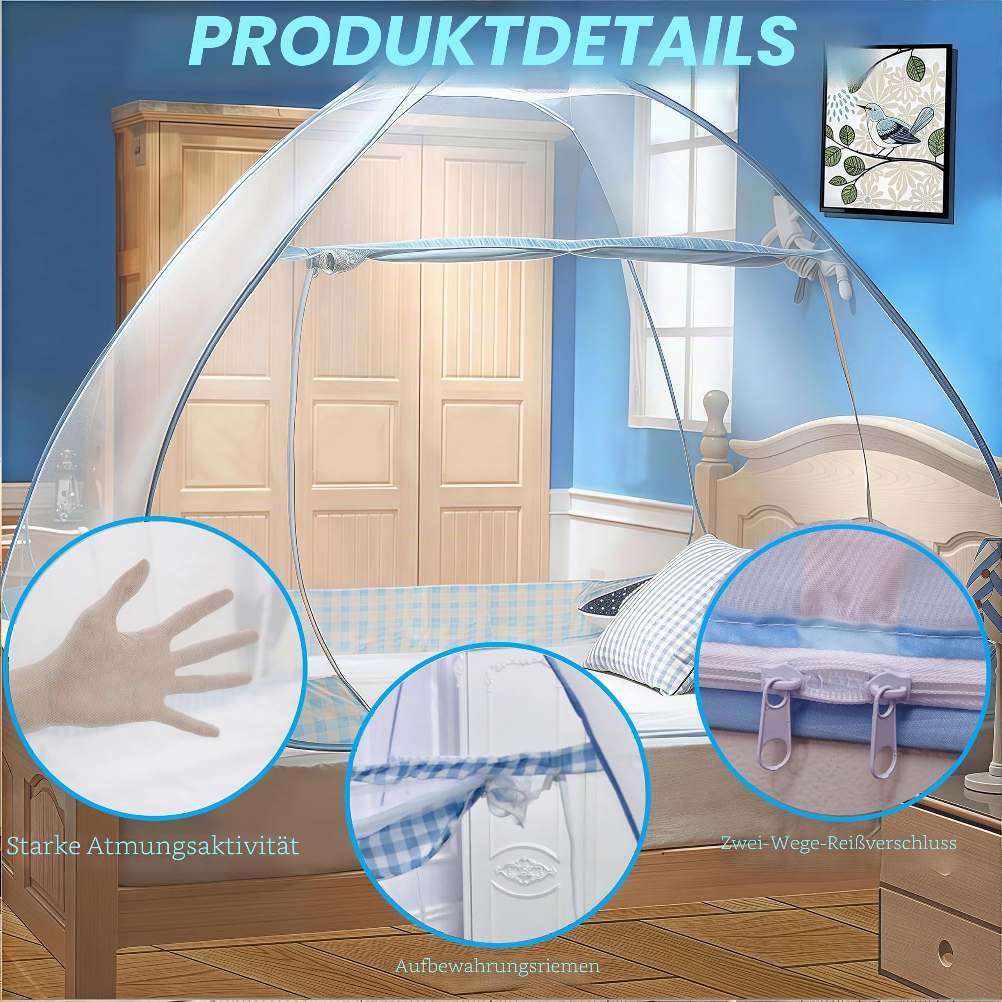 Digead Faltbares Pop-up Moskitonetz für Bett, 100×200 cm Einzeltür Design, Tragbares Reise moskitonetz, Ideal für Zuhause, Reisen & Camping - Blauer Rand