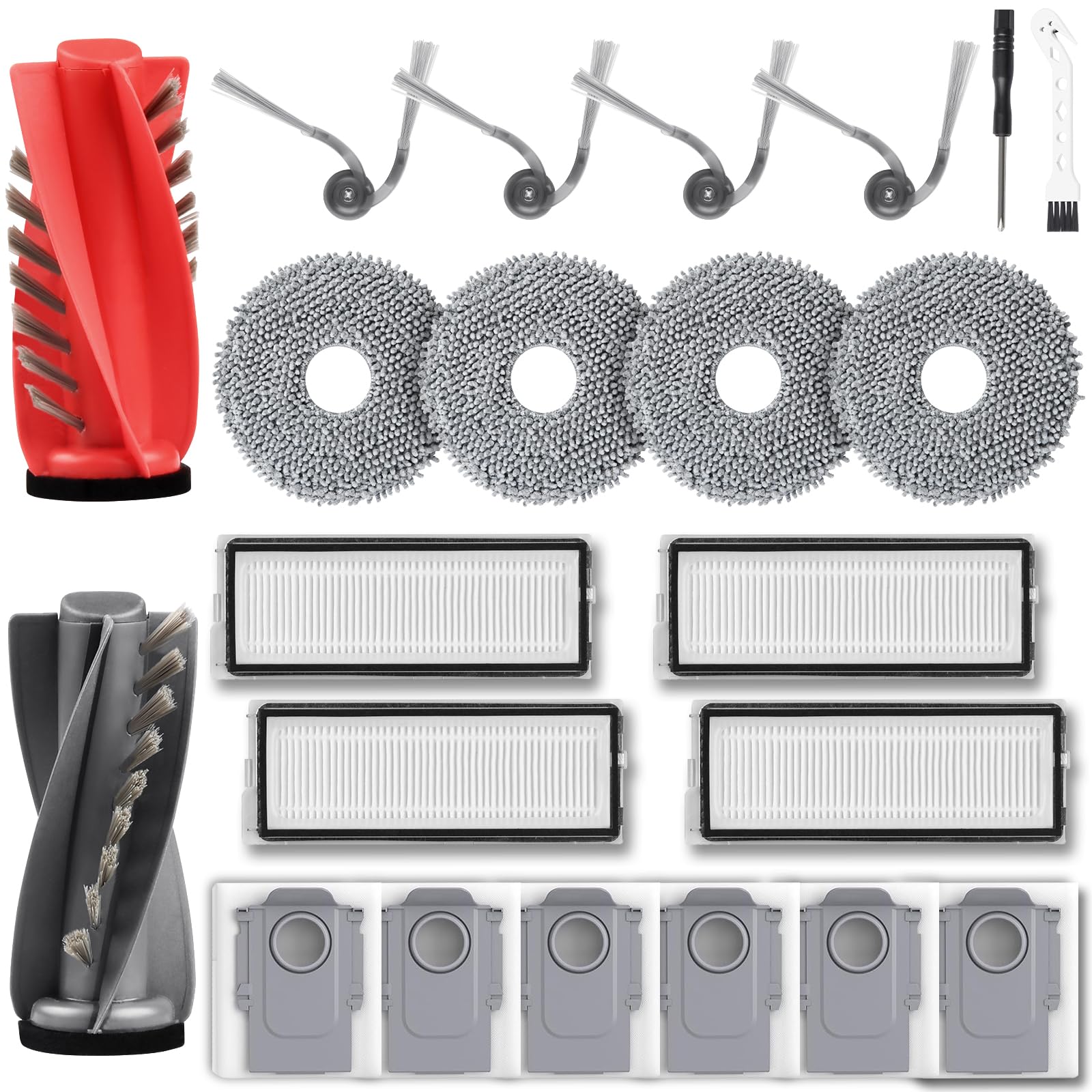 21 Stück Zubehörset für Roborock Qrevo Curv/Qrevo Curv S5X / Qrevo/Qrevo Edge S5V Saugroboter, 1 Hauptbürste 6 Staubbeutel 4 Wischpad 4 Filter 4 Seitenbürste 1 Reinigungszubehör 1 Schraubendreher
