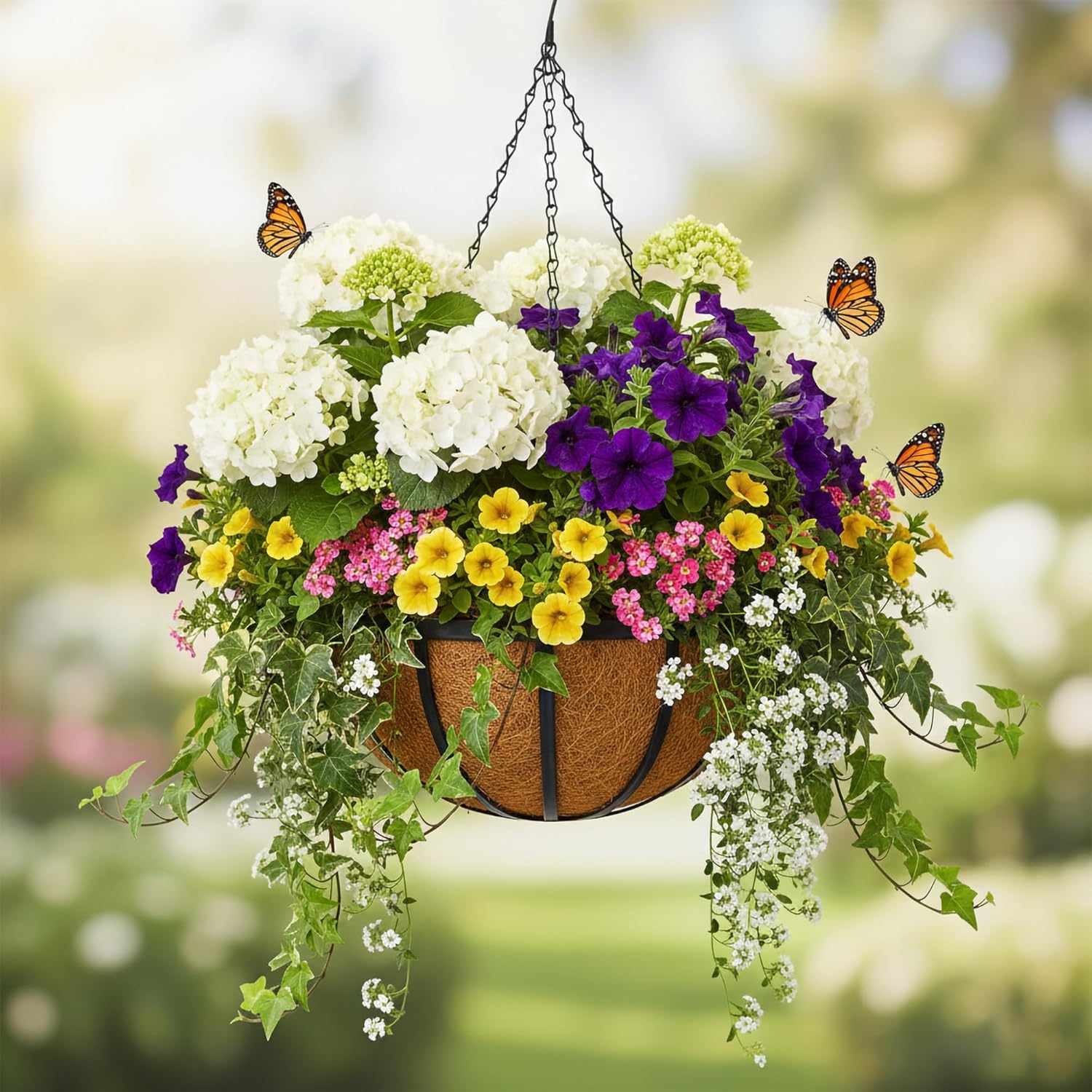 12 Inch 2 Pack Metal Hanging Planter Basket with Coconut Fiber Liner Hanging Plant Flower Pot for Home Garden Patio Decoration,Metal Flat Iron Pattern （Flat Iron Pattern）