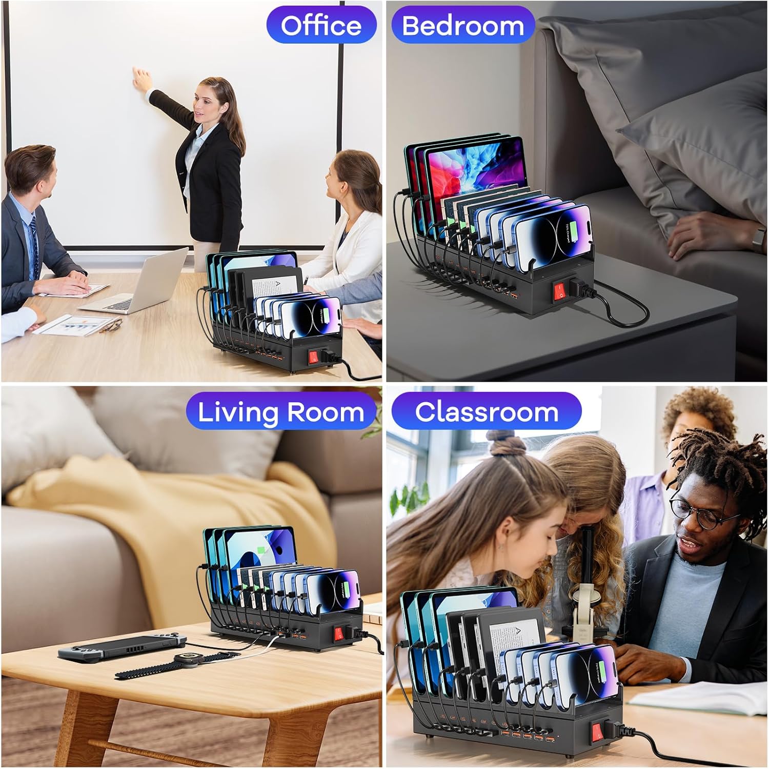 USB~C Charger Block, 300W 22 Port (11 USΒ A & 11 USΒ~C) USB Charging Station for Multiple Devices, Desktop Wall Fast Charger with Storage Dividers, USΒ Power Strip Suitable for Home Office School