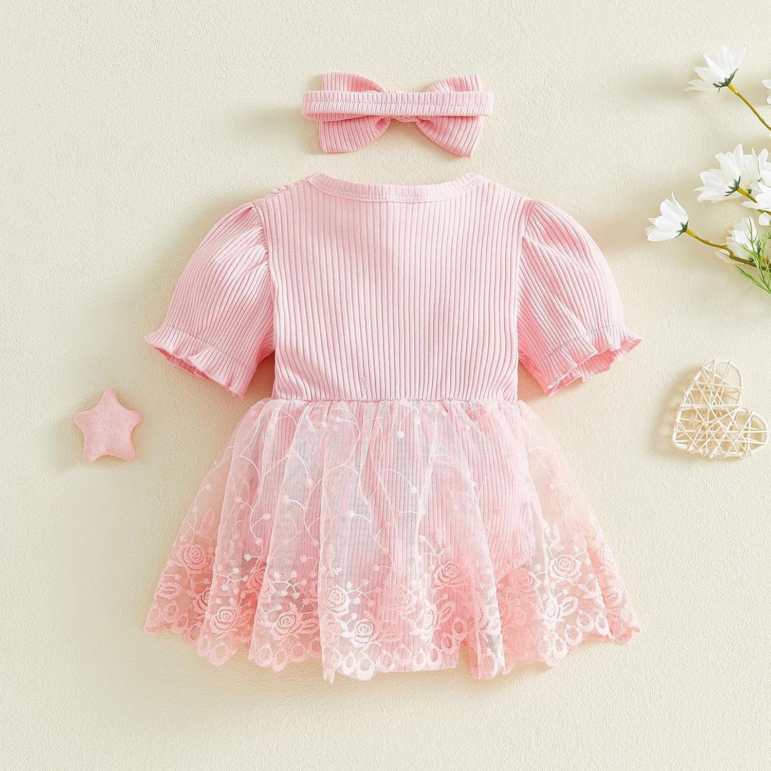 Douhoow Baby Girl Lace Dress Short Sleeve Baby Romper Dress Flowers Mesh Infant Girl Summer Clothes with Headband - Image 3