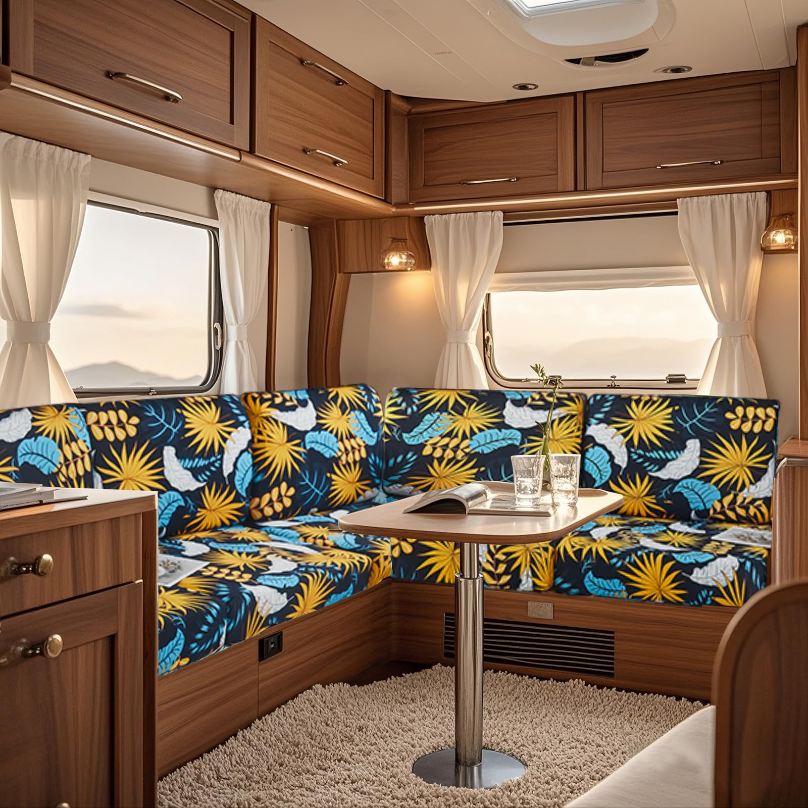 UNBBRRL Fit Stretch Caravan Seat Cover, Non Slip Elastic Fabric Printed Pattern RV Dinette Cushion Cover, Protector for Motorhome Sofa Bench with 4 Straps (yellow leaf,4 seater)