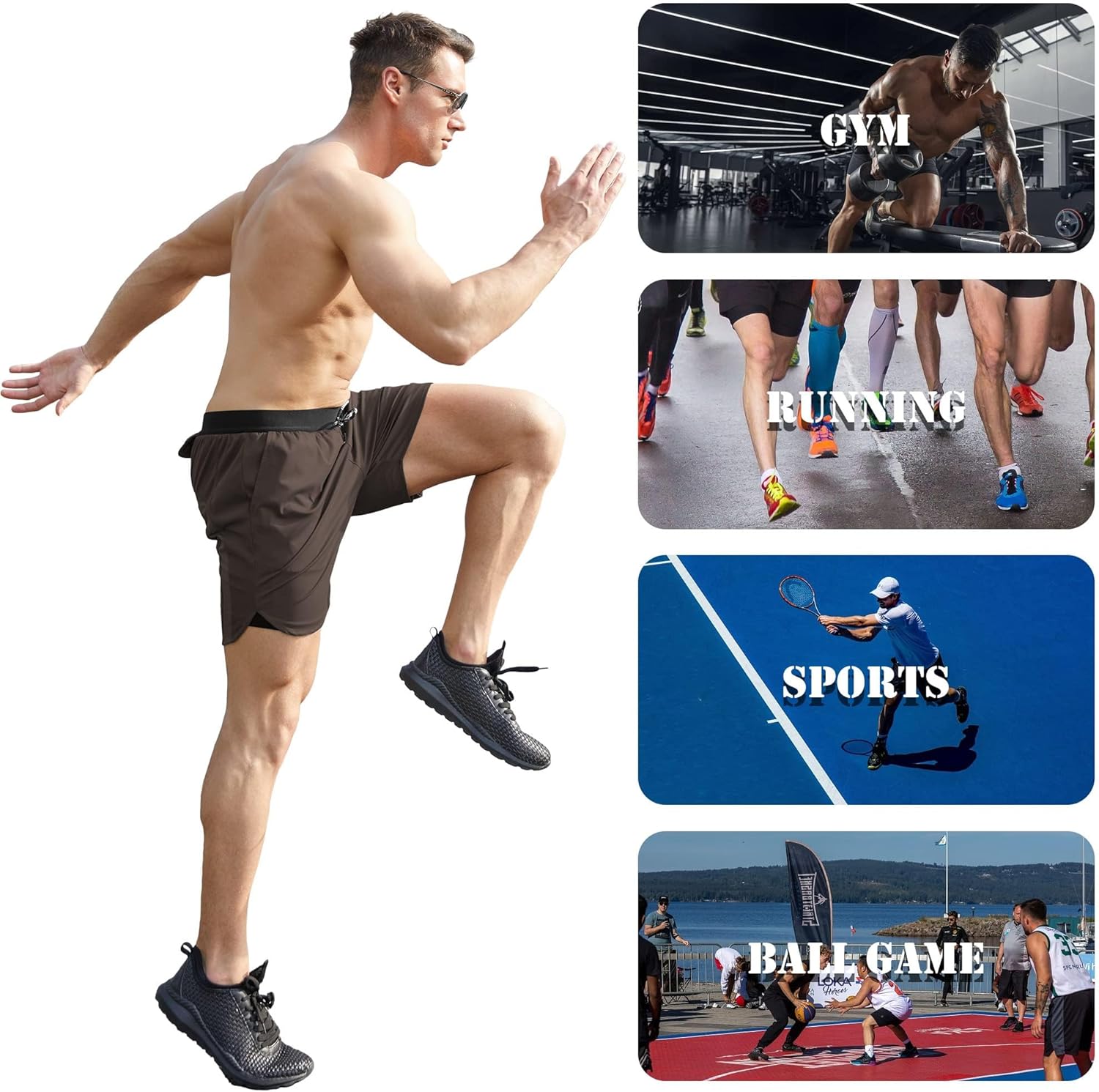 ENVMENST Men's 2 in 1 Workout Running Shorts with Liner, Athletic Gym Shorts with Pockets Brown