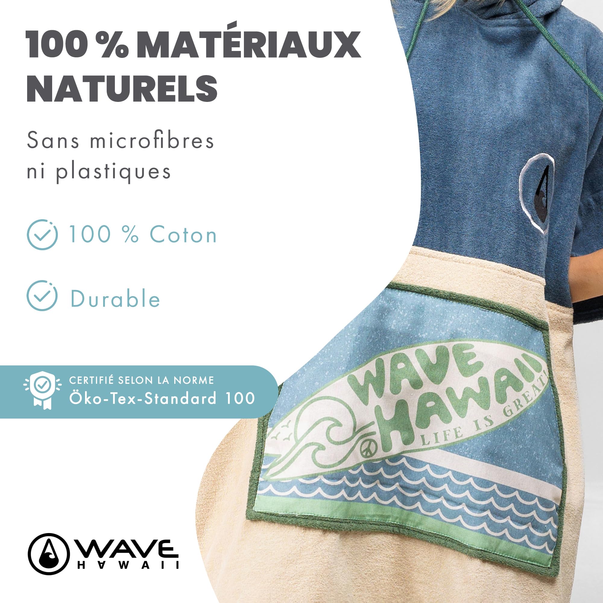 WAVE HAWAII Poncho de bain pour homme et femme - Taille L - 170 à 200 cm - Poncho de surf en coton - Serviette éponge avec haute absorption d'eau - Aide au déménagement pour la plage et les