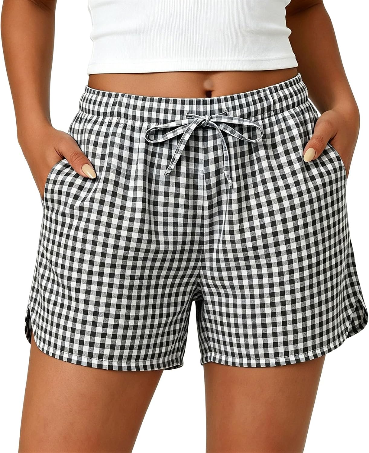 Women's Boxer Shorts Summer Gingham Drawstring Pajama Lounge Shorts Lightweight Cute Beach Bottoms with Pockets