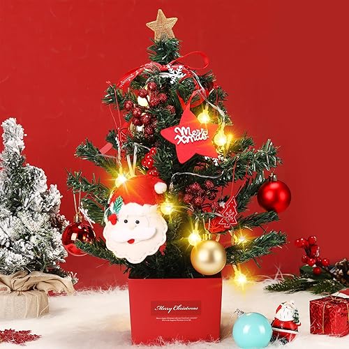 Mini árbol de Navidad de 20 pulgadas con 17 luces y 21 adornos, decoración de árbol de Navidad artificial de mesa pequeño con bolas de Navidad,