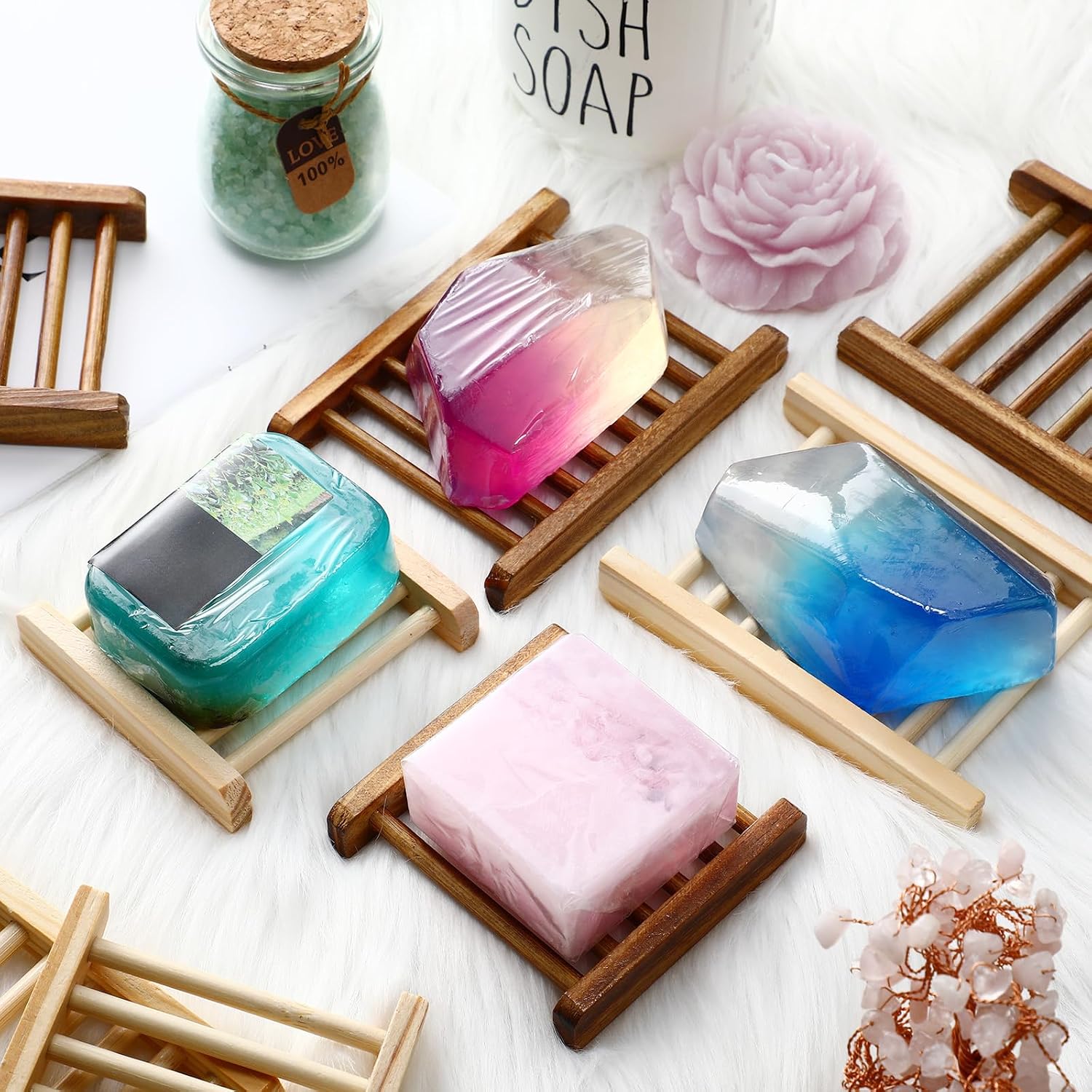 Sawysine 50 Pcs Bamboo Soap Holder Bulk Wood Soap Dish Bathroom Wooden Tray Saver Hand Craft Bathtub Self Draining Dish for Bar Kitchen, Gifts for Christmas, 2 Sizes(Charcoal and Wood Color)