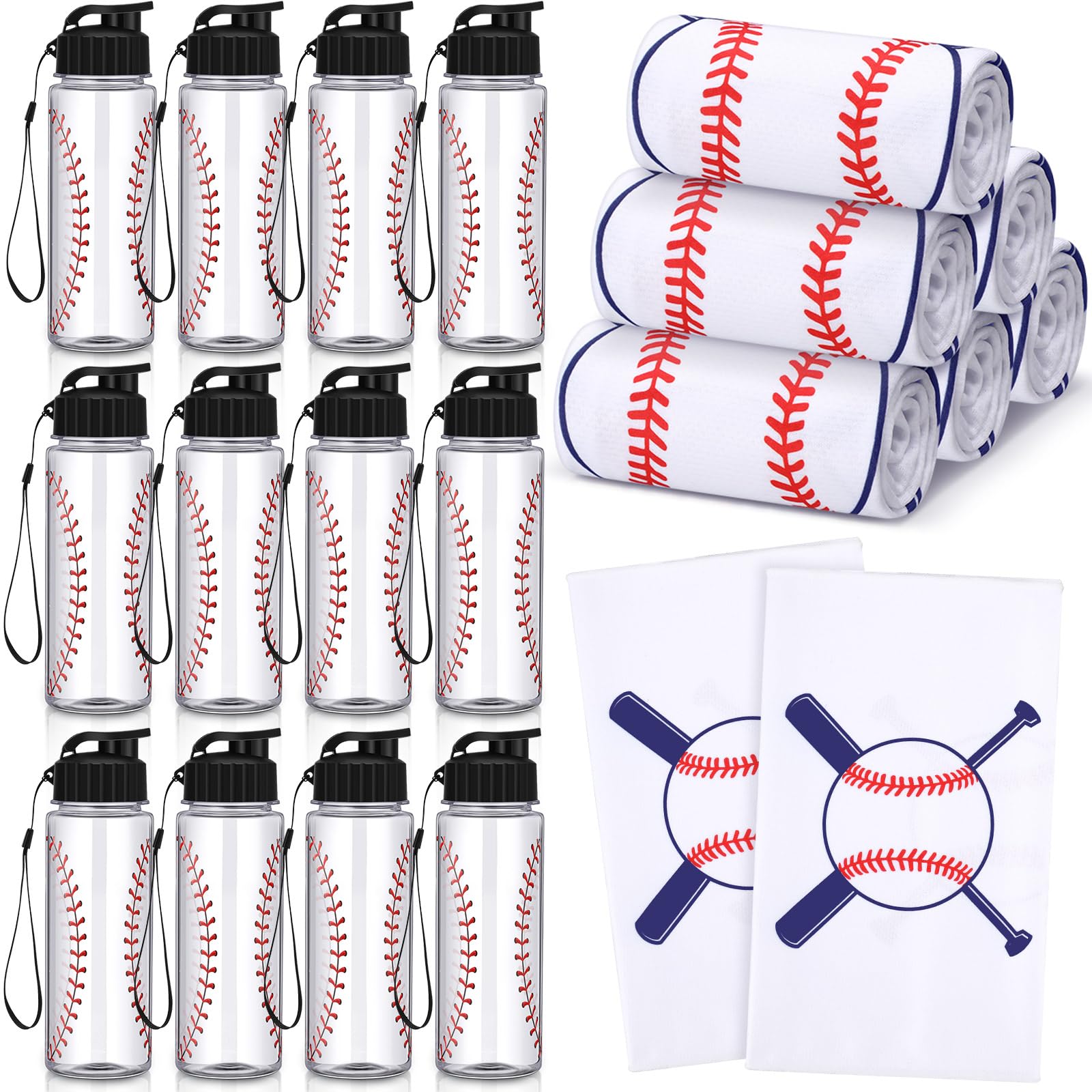 Reallnaive 24 Pieces Baseball Water Bottle Baseball Cooling Towel Set Include 12 Reusable Sports Squeeze Water Bottle 12 Ice Towel Breathable 40"x12"
