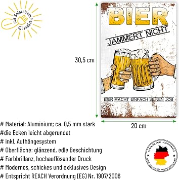 True Statements Retro Tin Sign Beer Jammert Nicht - Bier macht einfach seinen Job - Metal Sign with Hanging System Approx. 20 x 33 cm - Vintage Grunge Style