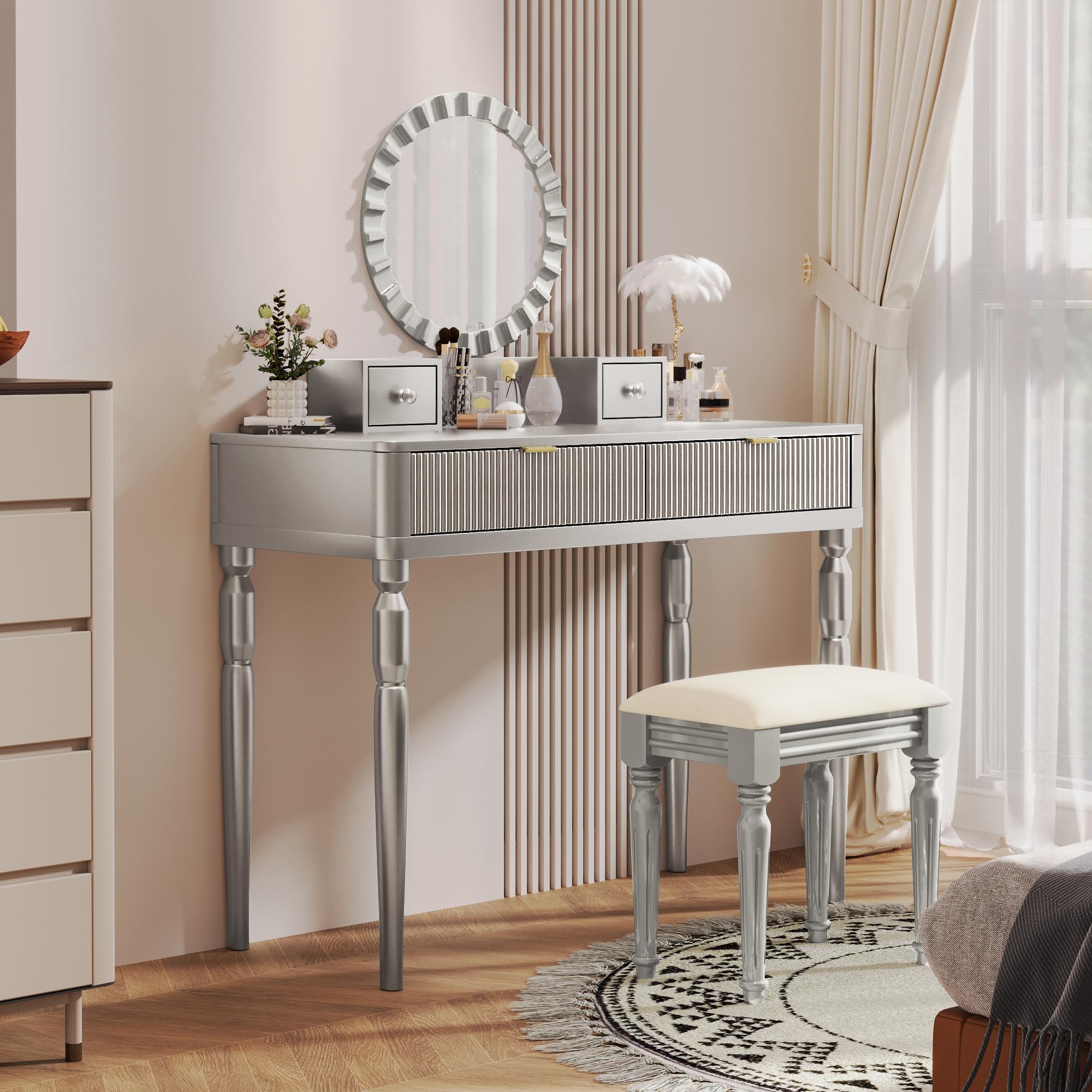 JIVOIT Vanity Desk with Round Mirror, Height-Adjustable, Luxury Vanity Set with Stool, Comfortable Seating, Stylish Dressing Table Set with 4 Drawers &amp; Spacious Tabletop (Silver/268)