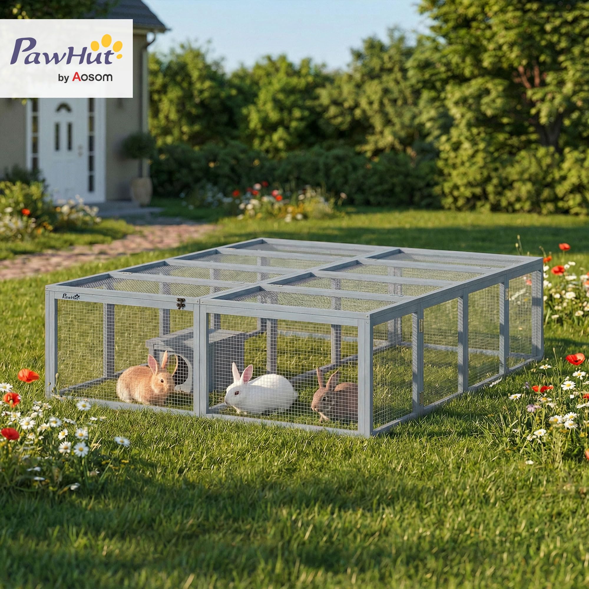 PawHut Domek dla królików z wybiegiem z drewna z otwieranym dachem 180,4 x 150 x 48 cm dla 2-4 miniaturowych królików, świnek morskich, kaczek Szary