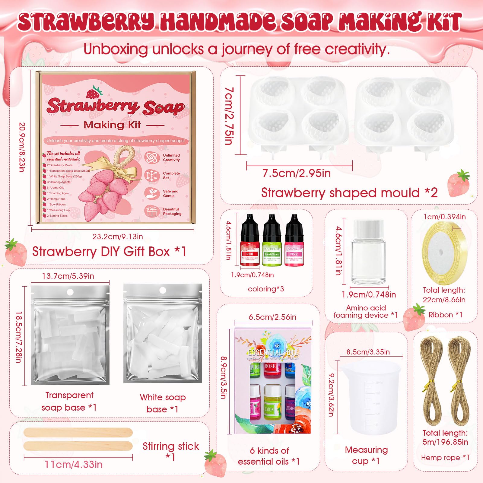 Kit Sapone Fai da te, Kit per Sapone Fai da te Forma di Fragola, Include Base per Sapone Fai da te, Stampi per Sapone e Altri Accessori, per i Principianti