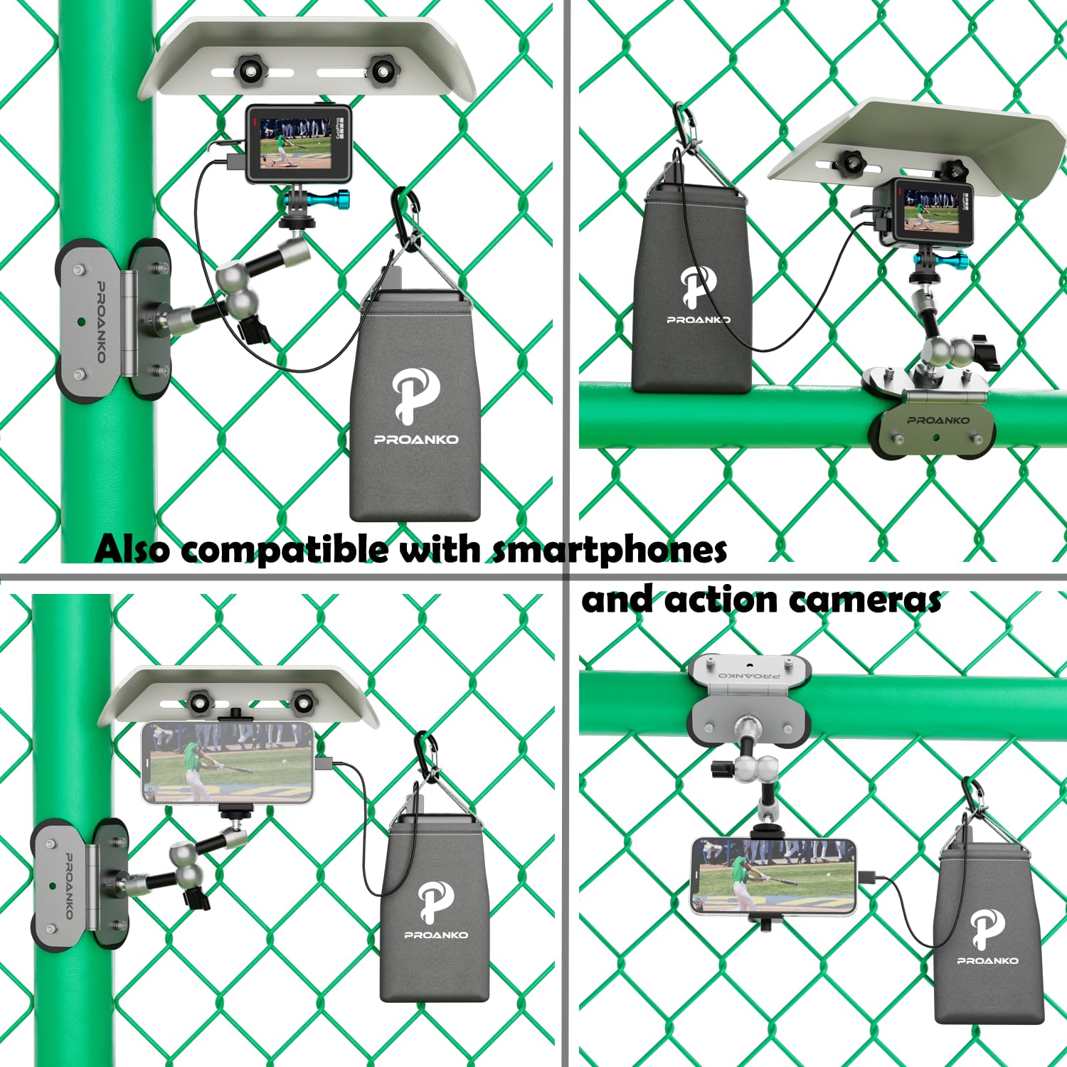 Support de clôture de téléphone avec abat-jour magnétique, kit de montage de caméra d'action pour iPhone, Samsung, Mevo Start Go Pro, kit de streaming de téléphone pour baseball, softball