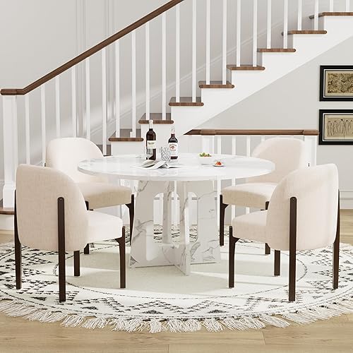 Miniatura 15 de Juego de mesa de comedor redonda de 7 piezas para 6, mesa de comedor de nogal de 47 pulgadas con base de pedestal doble + sillas de comedor