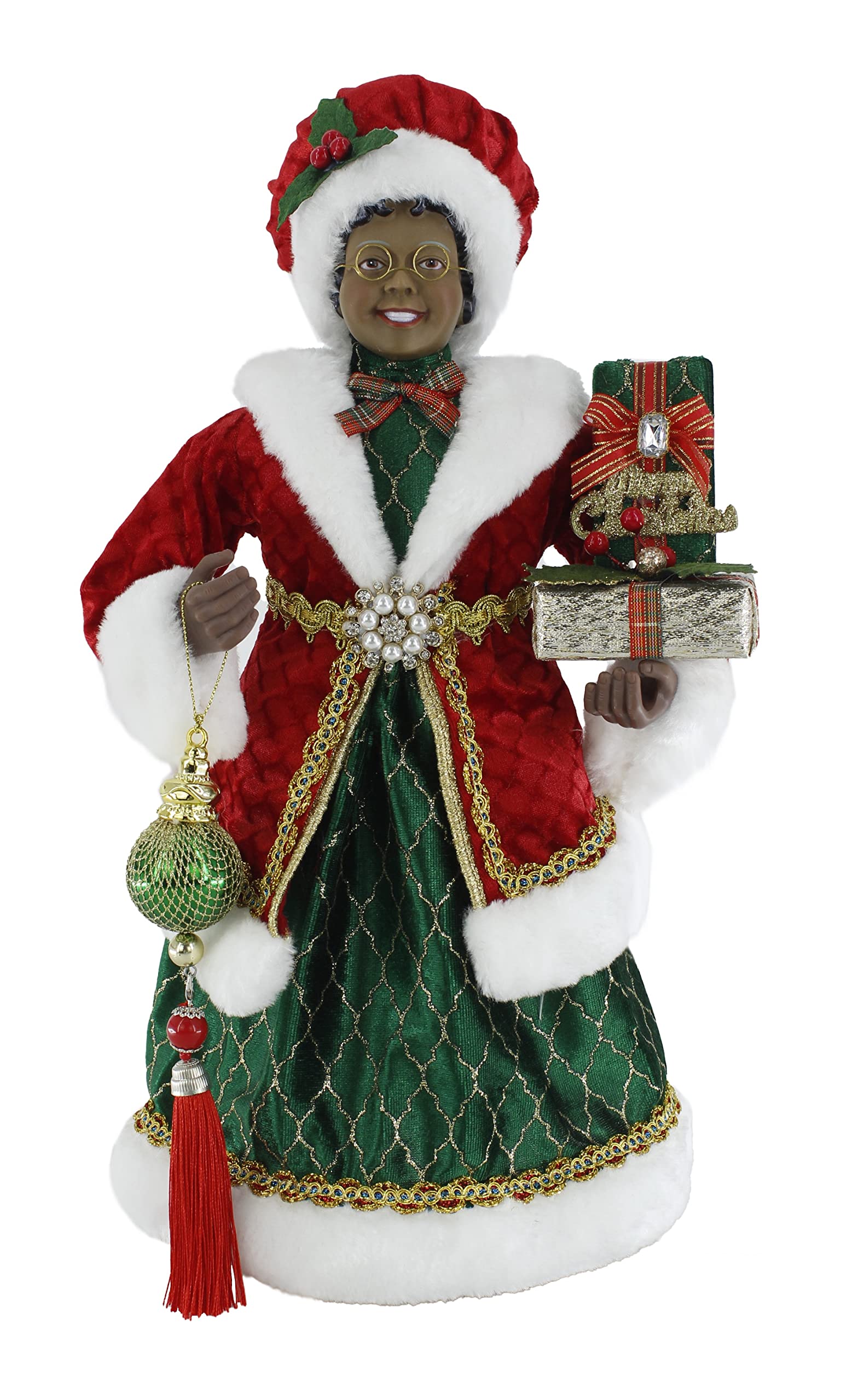 Windy Hill Collection 40 cm (16 in) Red & Green Traditional Elegance Under a Bonnet Mrs. Claus Ethnic Black Mrs. Santa Claus Standing Figurine 163069