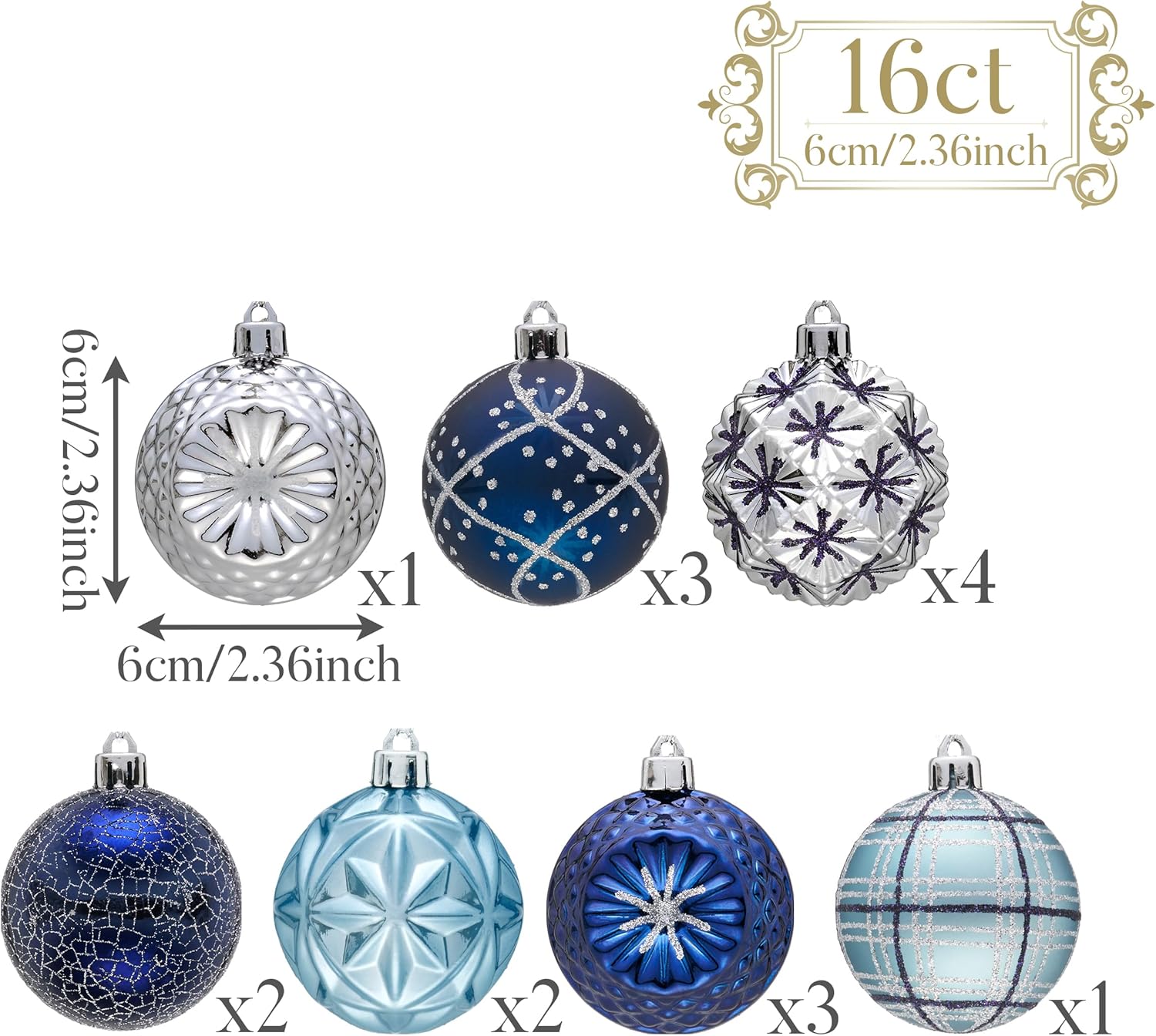 Valery Madelyn Fall Ornaments for Christmas Trees, 16ct Navy Blue and Silver Shatterproof Christmas Tree Decoration&Lighted Christmas Angel Tree Topper with Timer