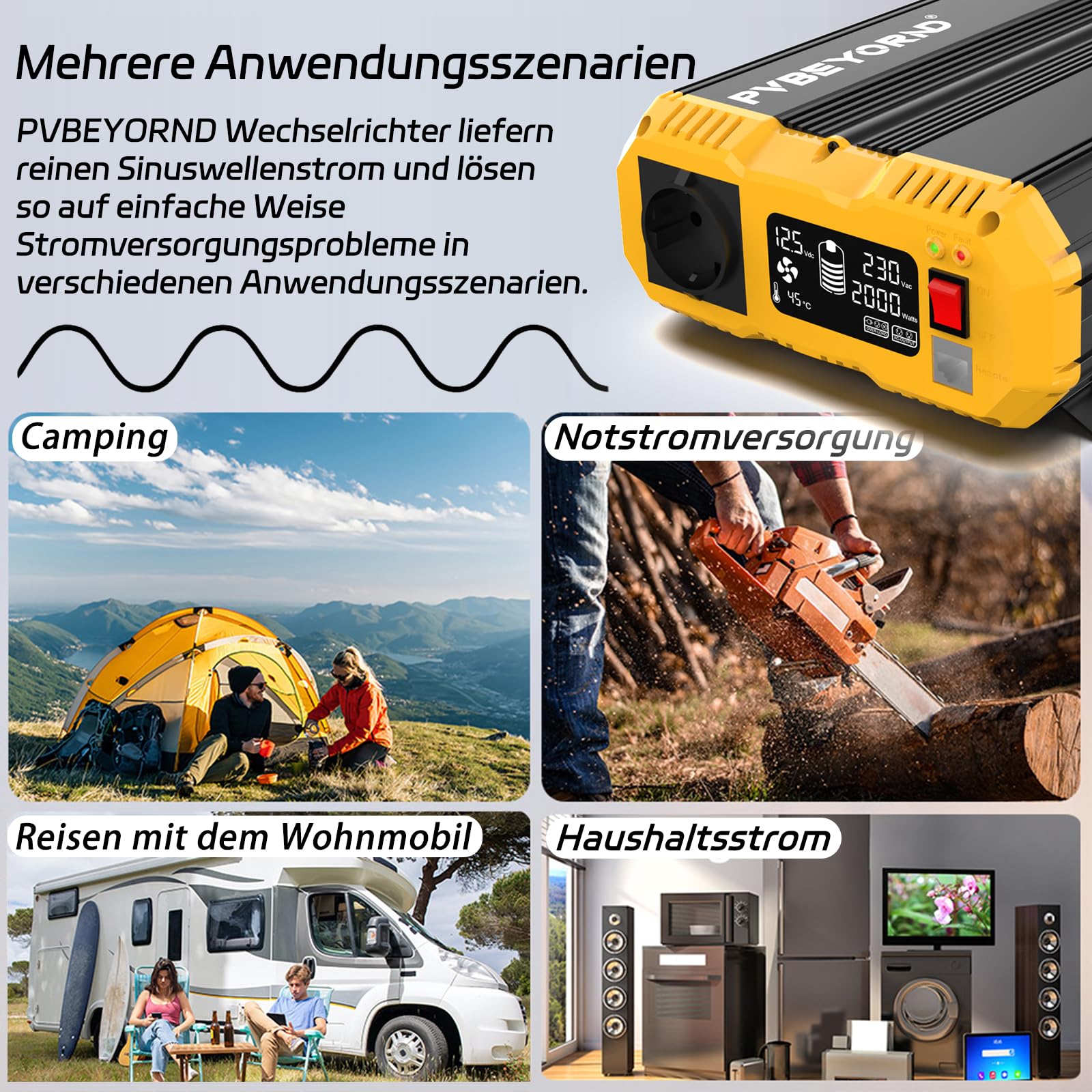 Falownik 12 V na 230 V, czysta sinusoidalna 2000 W/4000 W, przetwornica napięcia 12 V 230 V, z zewnętrznym kontrolerem, nadaje się do urządzeń gospodarstwa domowego i kamperów
