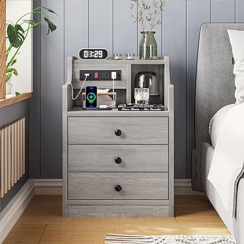 Tiptiper Nightstand with Charging Station, Grey Night Stands with Hutch, 3 Drawers Bedroom End Table Bedside Table with 2 USB Ports & 2 Outlets