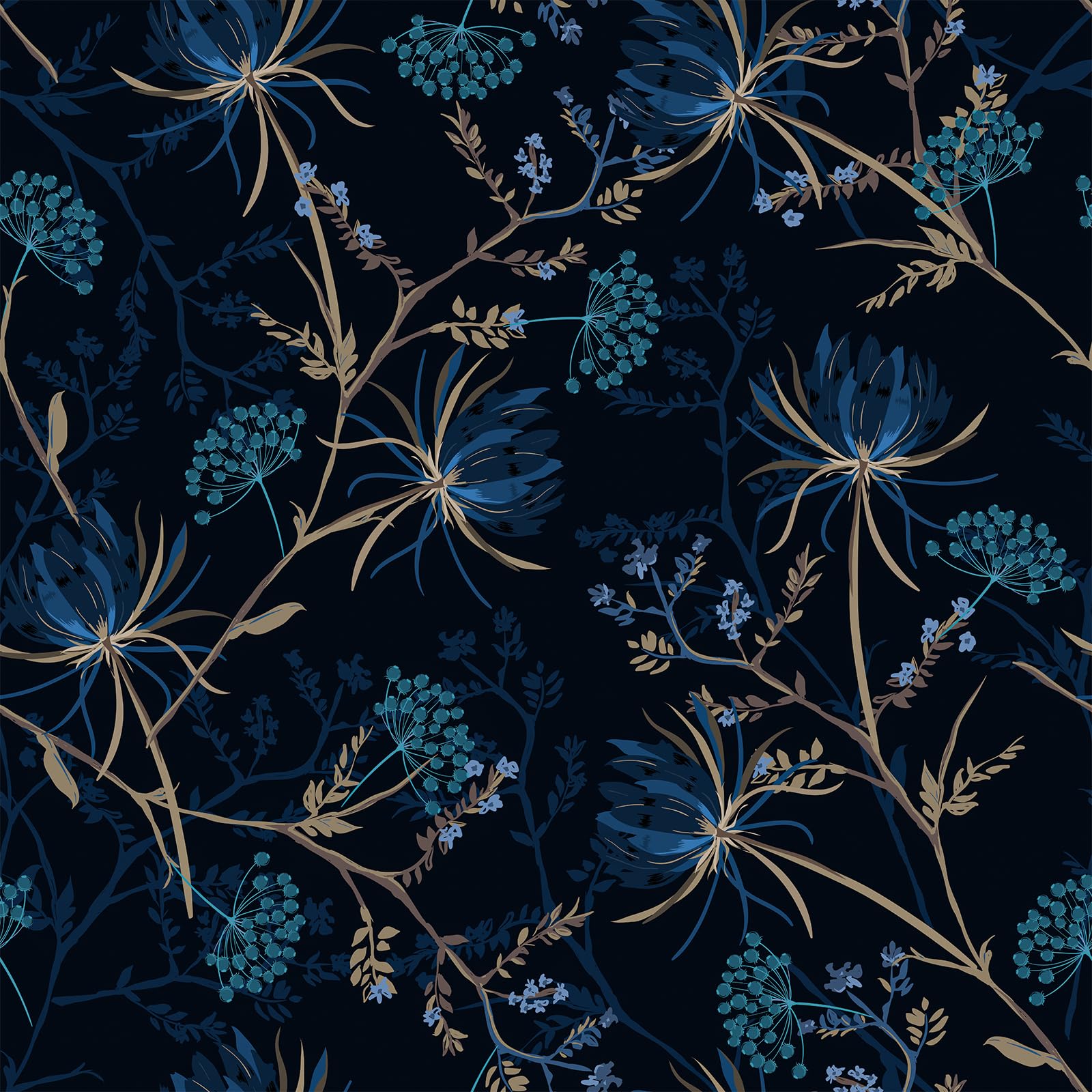VEELIKE Papier Peint Fleuri Pissenlit Bleu 44,5 cm x 900 cm Papier Peint Adhesif Mural Chambre Floral Noir Rouleau Adhesif Decoratif Salle de Bain Rouleau Adhesif pour Meuble Salon Décoration Cuisine