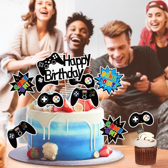 12 Pcs Video Game Cake Toppers Controller Game On Happy Birthday Cake Toppers Cake Decorations for Game Theme Birthday Baby Shower Party Supplies