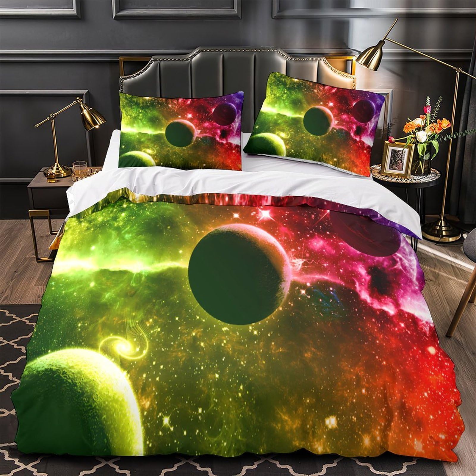 Housse de Couette Chat Cosmique 3D King 220x240cm en Microfibre Fantaisie pour Lit Adulte et Enfant