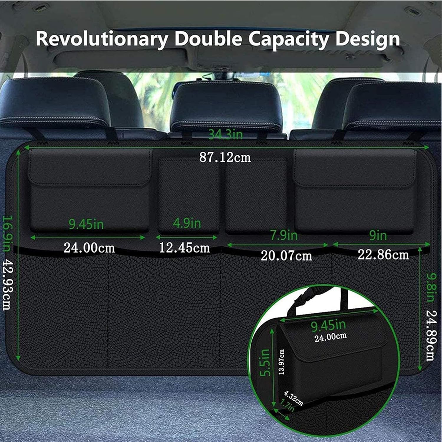 Car Backseat Trunk Organizer, Backseat Hanging Organizer with 9 Large Storage Bag-Car Seat Organizer for SUV, Trunk, Space Saving Expert (Black)