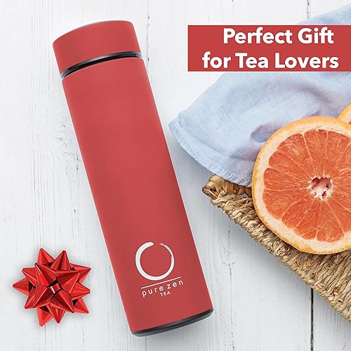 Vista 6 de Pure Zen Tea Thermos with Infuser for Hot and Cold Infusions - Stainless Steel - Tea Infuser Bottle - Leakproof Travel Mug with Filter - 15oz - Red