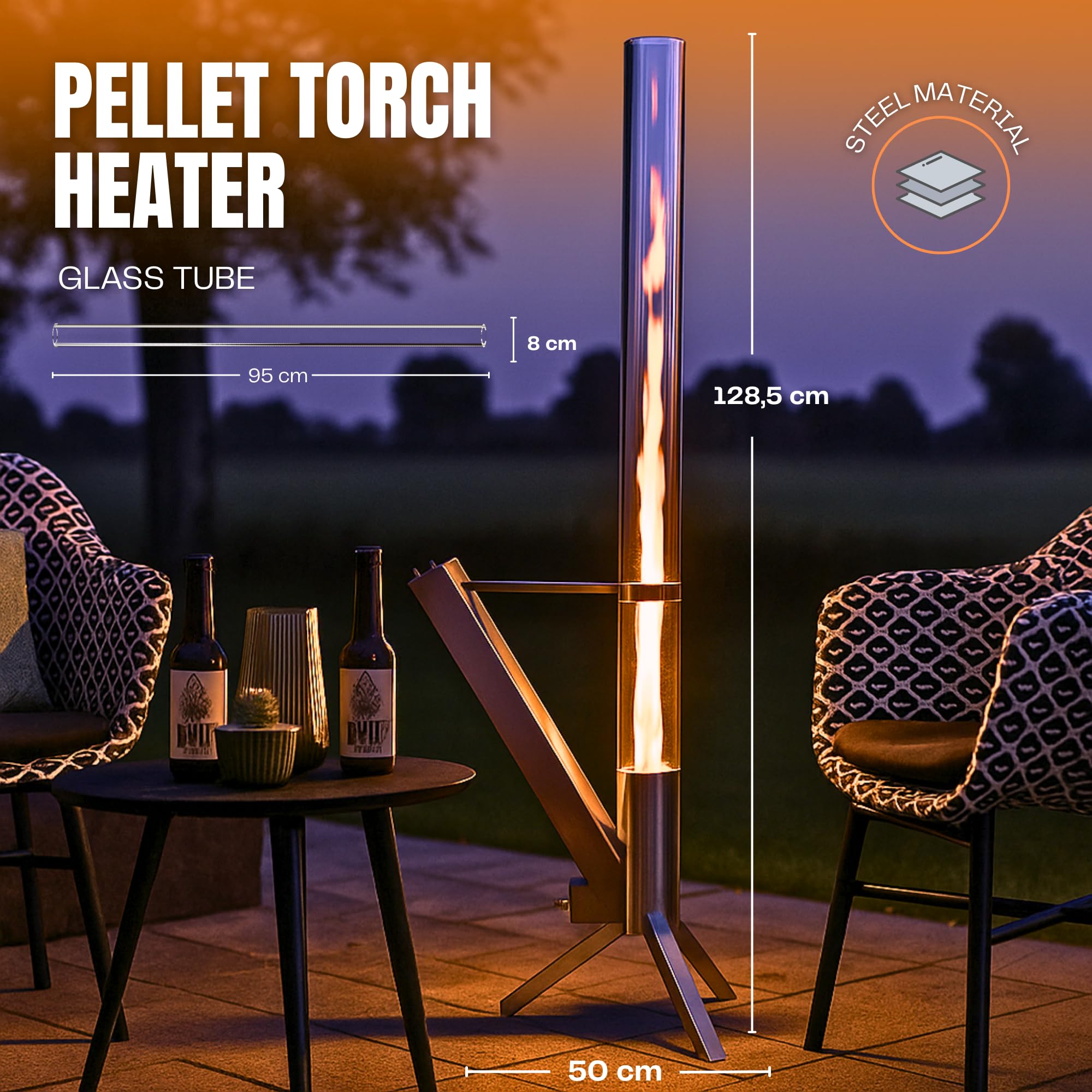 MAGIC SELECT Feuerrohr Klassik Pelletfackel tragbarer Kaminofen 128,5 cm Glasrohr dekorative Feuerstelle