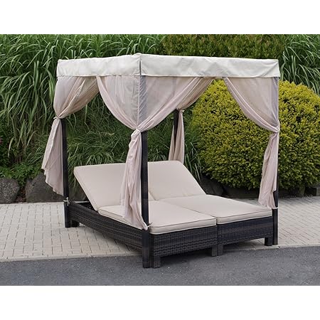 Doppelliege mit Baldachin ANTIBES, Alu + Polyrattan mocca, mit Rollen