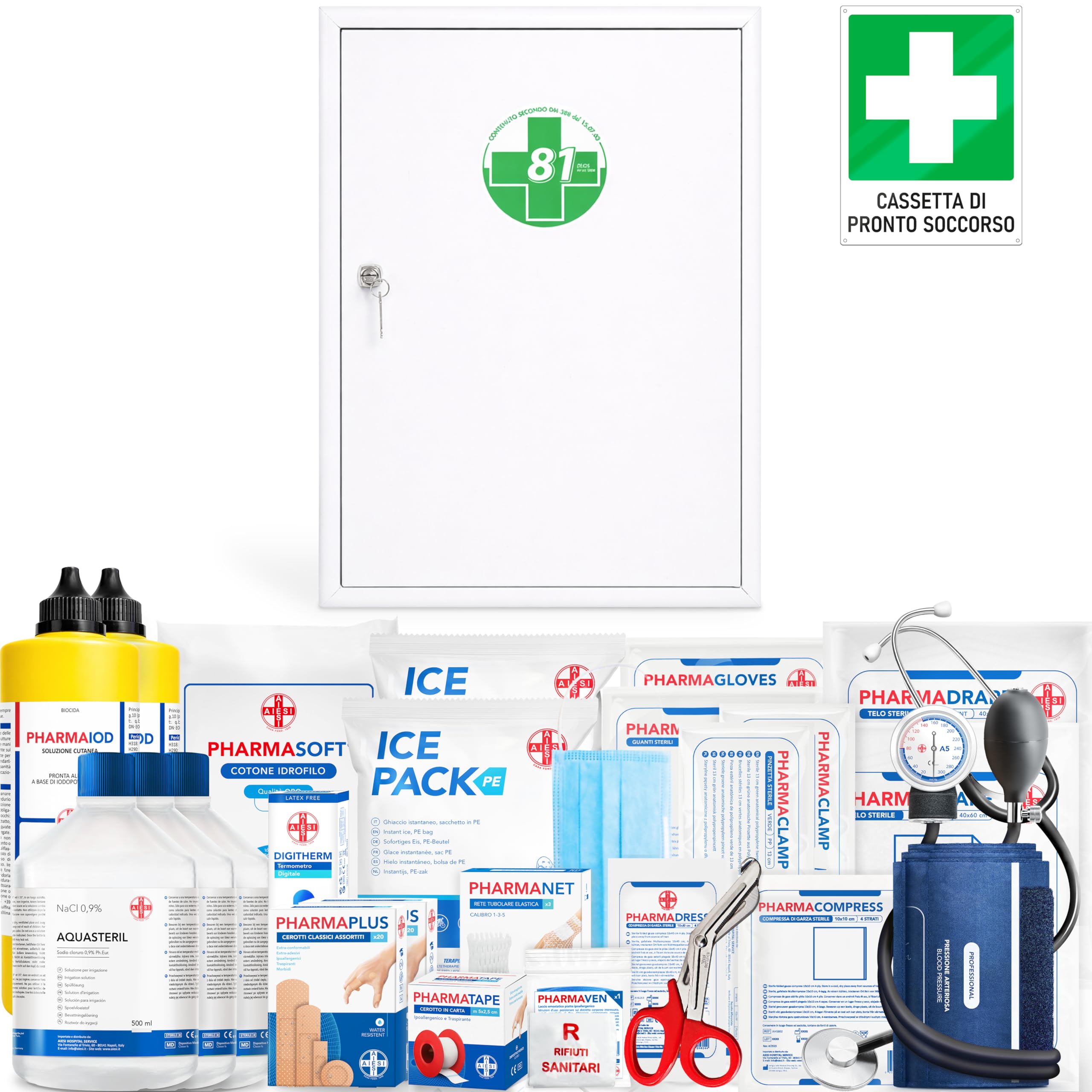 AIESI® Armadietto di pronto soccorso ALLEGATO 1 CON SFIGMOMANOMETRO in metallo per aziende più 3 dipendenti, Cartello segnaletico in alluminio, Conforme DM388/DL81, Made in Italy
