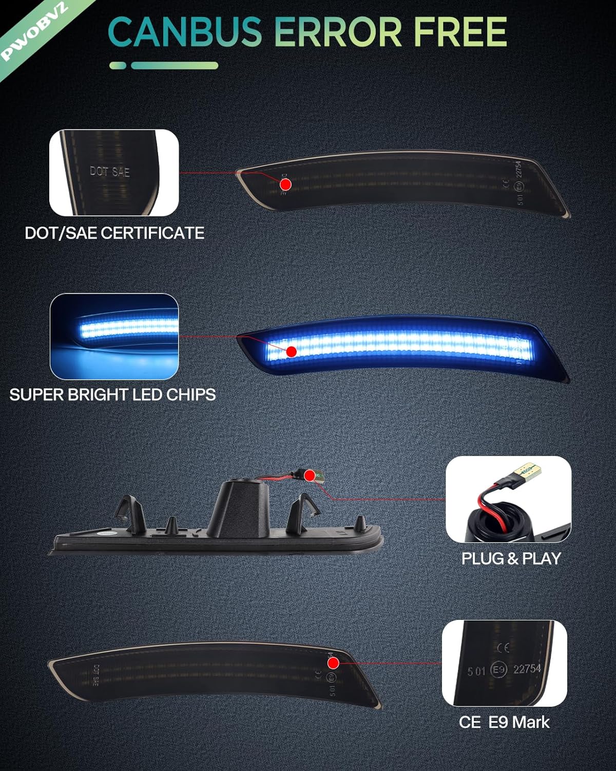 Dynamic Blue Side Marker Lights Fit for 2016-2024 Chevy Camaro ZL1/LS/LT/SS/RS/6th Gen, 2014-up Cadillac CTS, 2015-up Cadillac ATS, Front Rear LED Bumper Fender Marker Lamp, Smoked Lens 4PCS