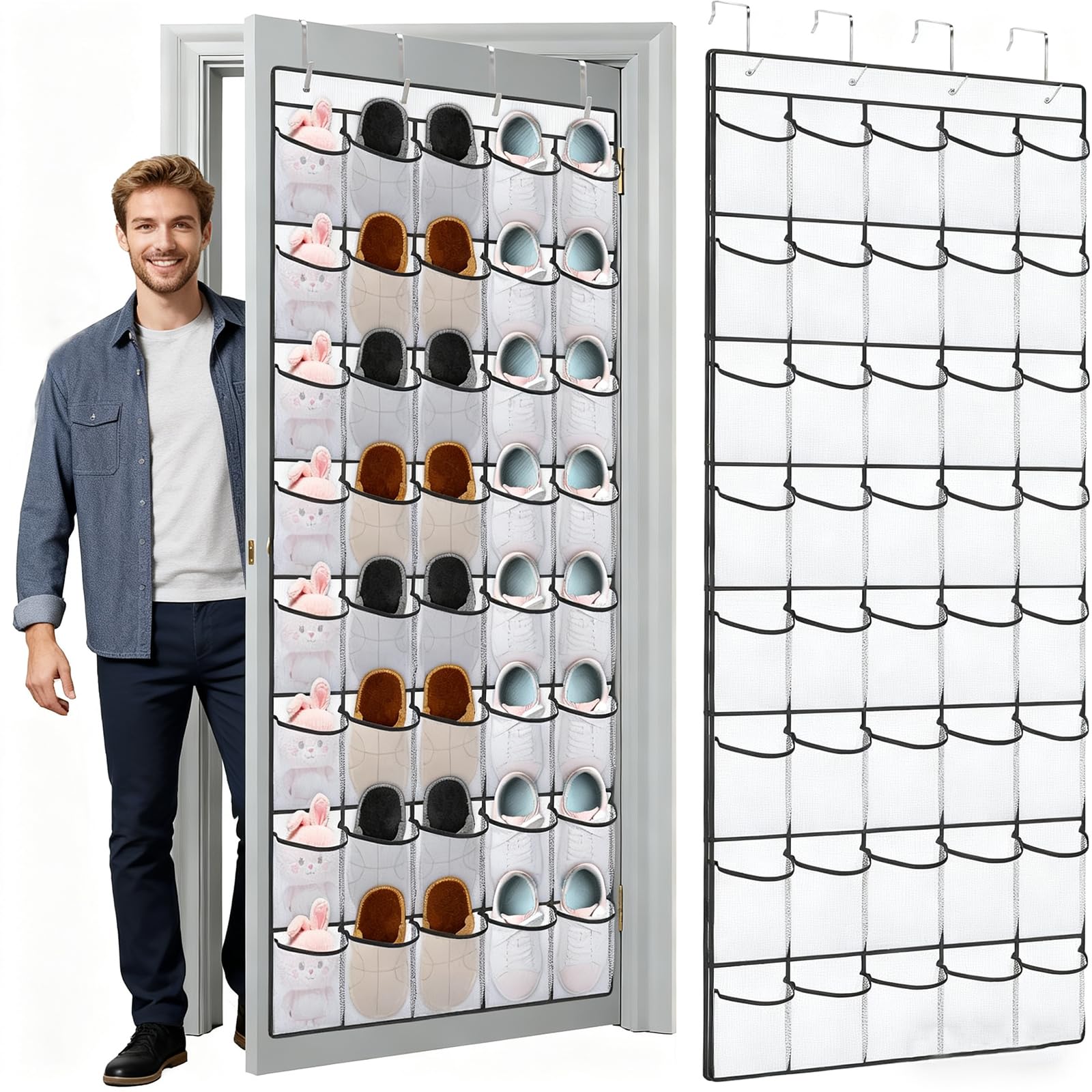 HZXYchen Large 40-Pocket Over The Door Shoe Organizer | Hanging Mesh Storage for Shoes, Accessories | Space Saving Door Rack for Wardrobe, Hallway, Dorm (Fits Most UK Doors) (White)