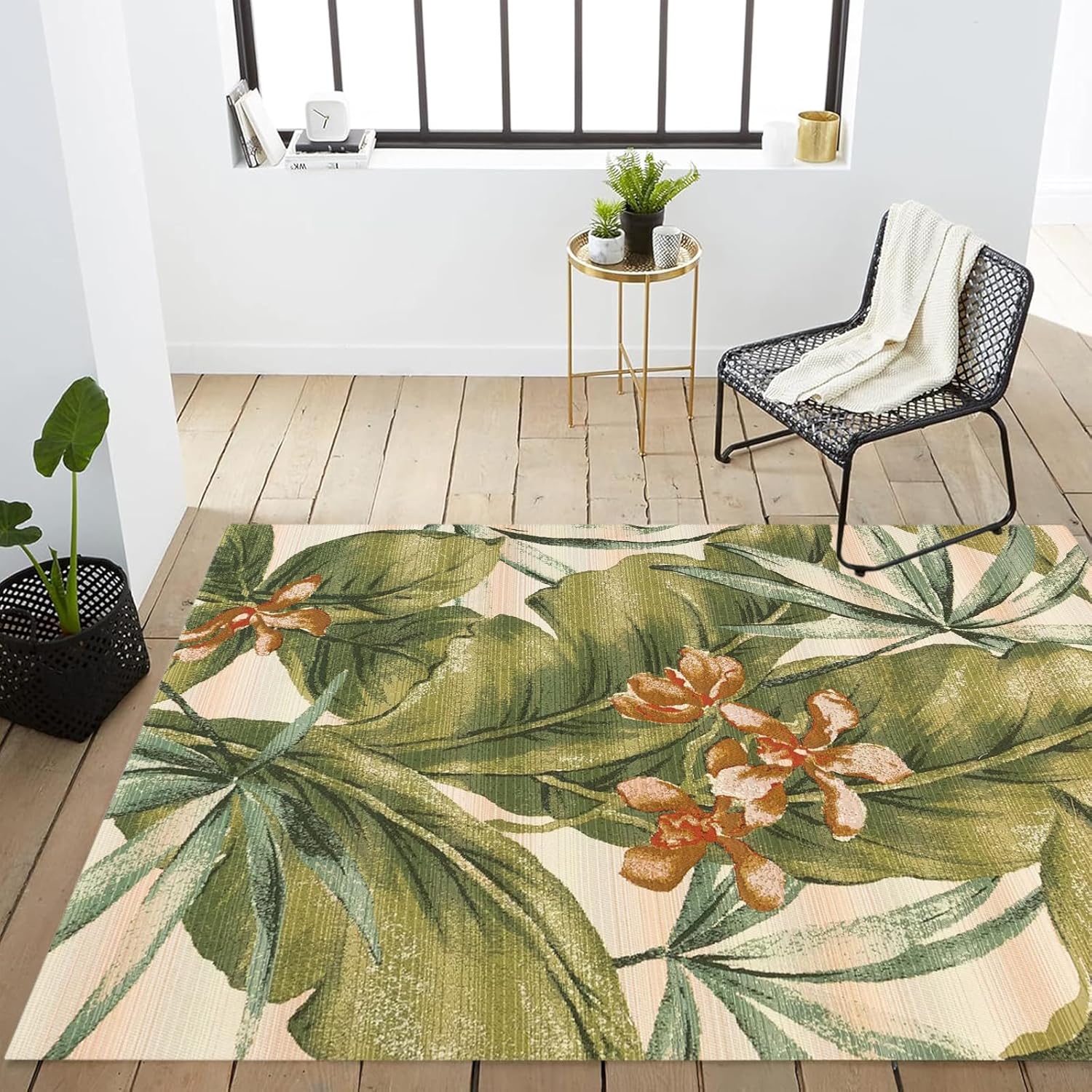 Modern Floral Textured Weave Indoor Outdoor Area-Rug Bohemian Easy-Cleaning Bedroom Kitchen Backyard Patio Non Shedding, 1.7x2.6