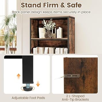 COSTWAY 5-Tier Bookshelf, Freestanding Storage Bookcase Cabinet with 4 Storage Compartments and Large Fabric Drawer, Wooden Open Display Cabinet for Study, Living Room, Bedroom (Rustic Brown + Black)