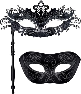 SIQUK Couple Masquerade Masks with Stick Venetian Party Mask Halloween Costume Carnival Mask for Couples Women and Men