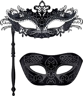 SIQUK Couple Masquerade Masks with Stick Venetian Party Mask Halloween Costume Carnival Mask for
