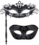 SIQUK Couple Masquerade Masks with Stick Venetian Party Mask Halloween Costume Carnival Mask for Couples Women and Men