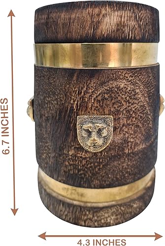 Miniatura 2 de collectiblesBuy Taza de cerveza de madera hecha a mano con placa de león de latón, jarra rústica estilo medieval Stein para cerveza, café, té,