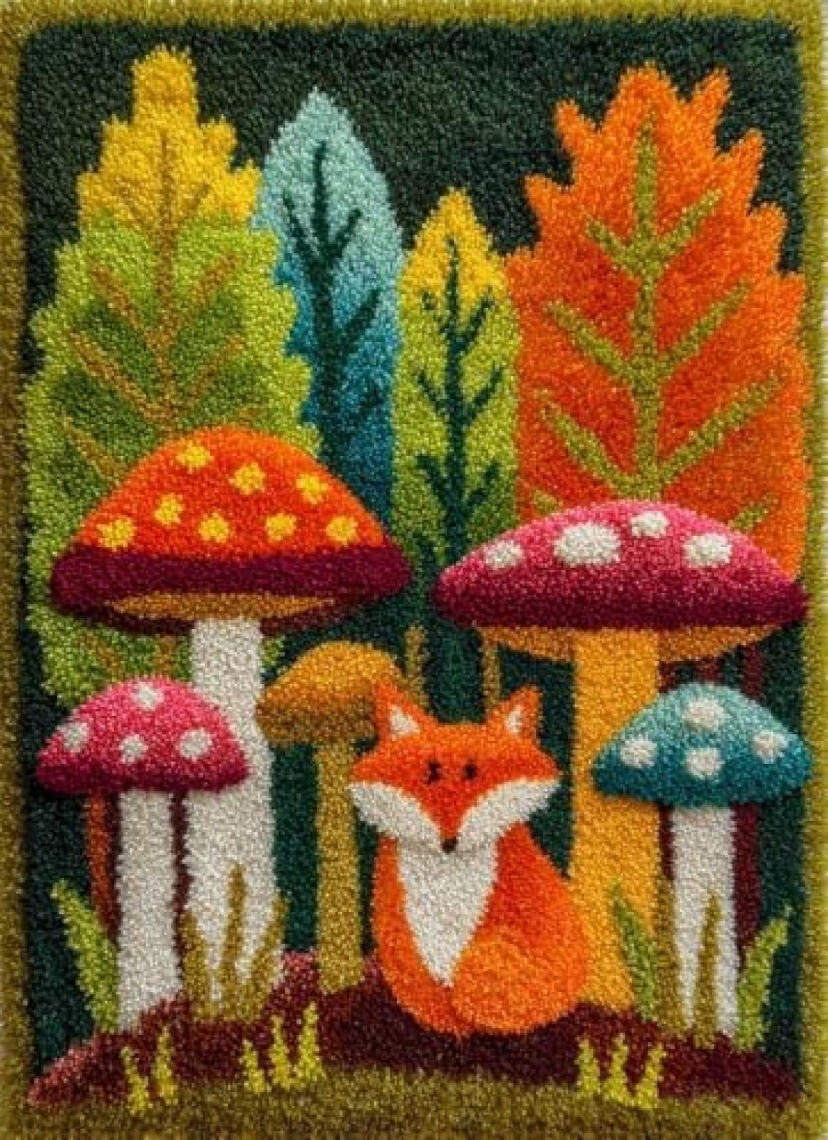 XDEGHUANGSS Latch Hook Rug Kit Fox and Mushrooms Cushion Cover DIY Craft Set Pre-Printed Mat 38x52cm for Home Decor-3