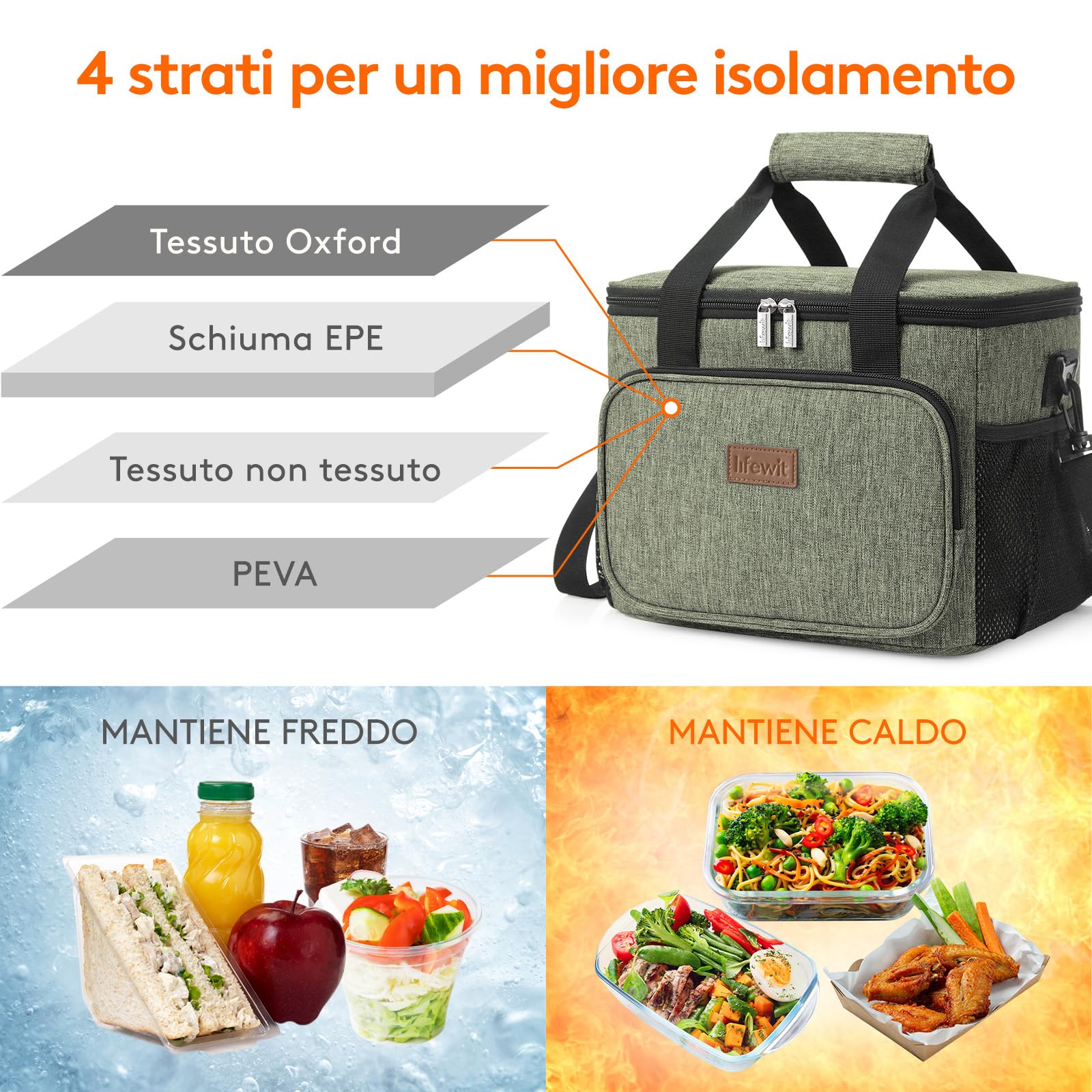 Lifewit Borsa Termica Porta Pranzo 15L(24 Lattine), Grande Borse Frigo Pranzo Ufficio per Uomo e Donna, Lunch Bag per Lavoro, Mare, Viaggio, Spiaggia, Verde Scuro
