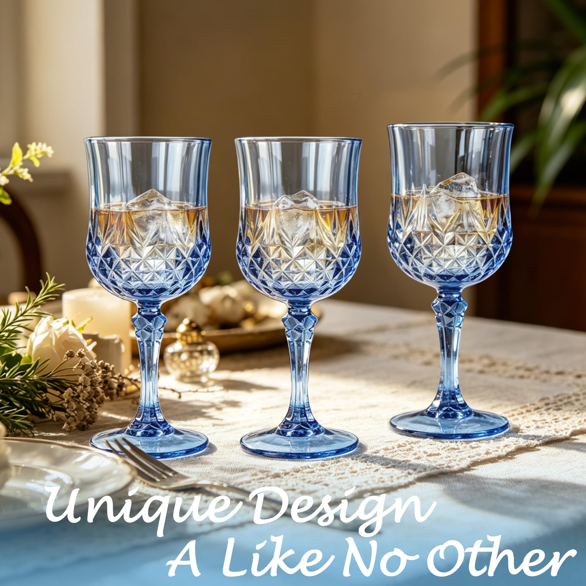 Paquete de 24 copas de vino de plástico, copas vintage de 7 onzas para boda | Vaso reutilizable de cristal irrompible, elegante vaso azul para fiesta, aniversario y celebración de vacaciones
