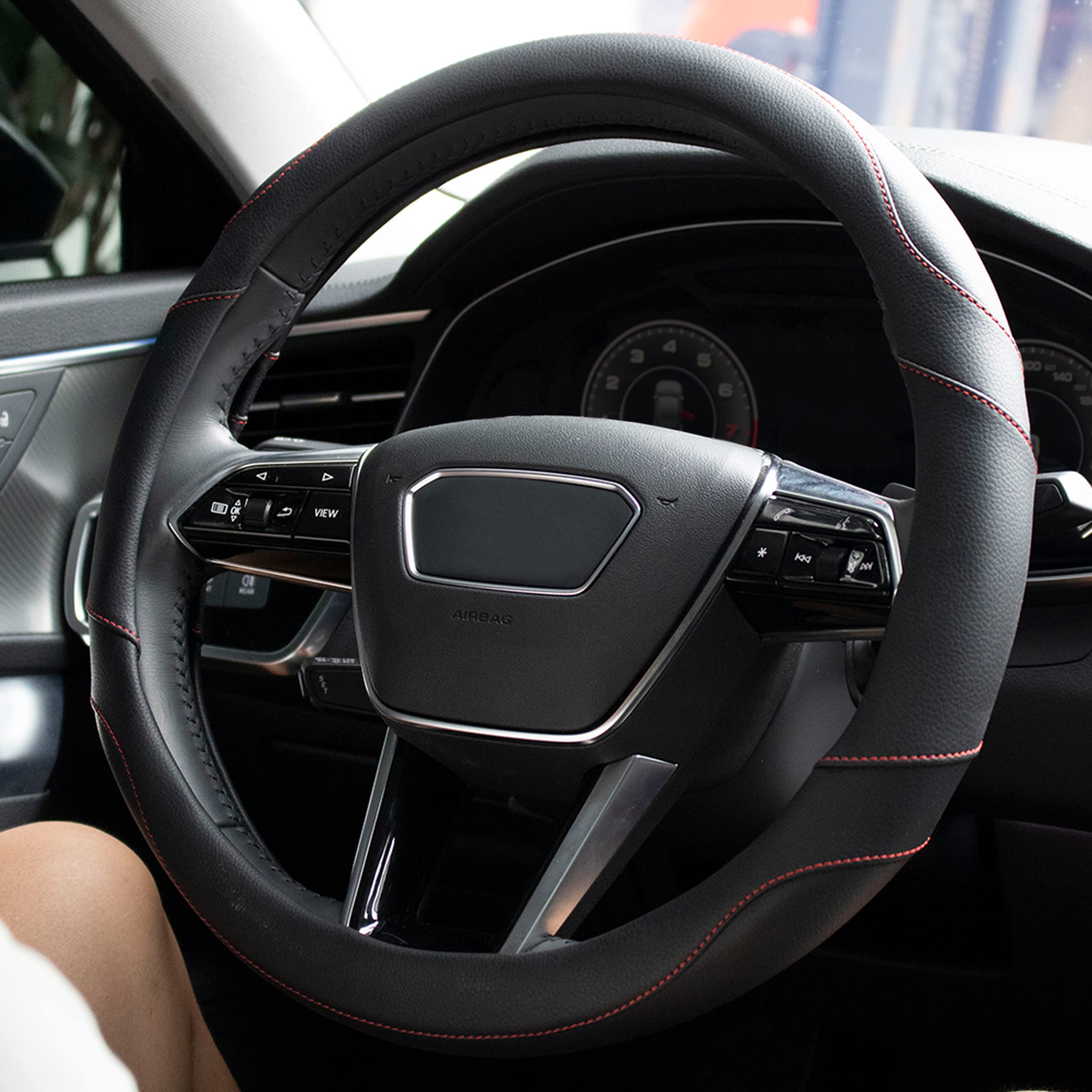 Photo 1 of Lusso Gear Steering Wheel Cover - Leather- Increased Protection and Comfort While Driving - Drive with Superior Grip - Fits Cars, Vans, Trucks (Small, Red) Black with Red Stitching Small [14"-14 1/4"]