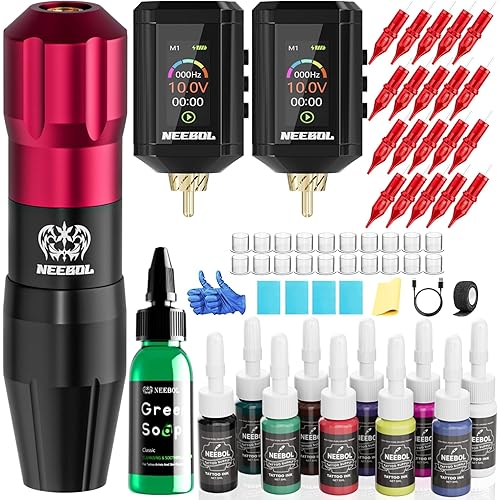Neebol Tattoo Gun Kit - Wireless Tattoo Machine Kit with 2PCs 1600mAh Tattoo Battery with LED Digital Display, 20PCs Tattoo Cartridge Needles - Professional Tattoo Kit for Beginners Complete Set