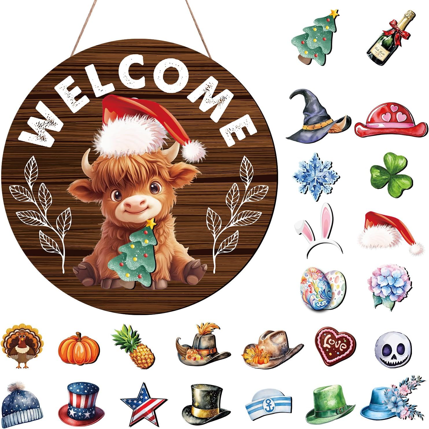Gameza Interchangeable Welcome Sign for Front Door, Highland Cow Welcome Sign with Interchangeable Holiday Magnet Swappable Pieces, Wooden Home Hanging Decor