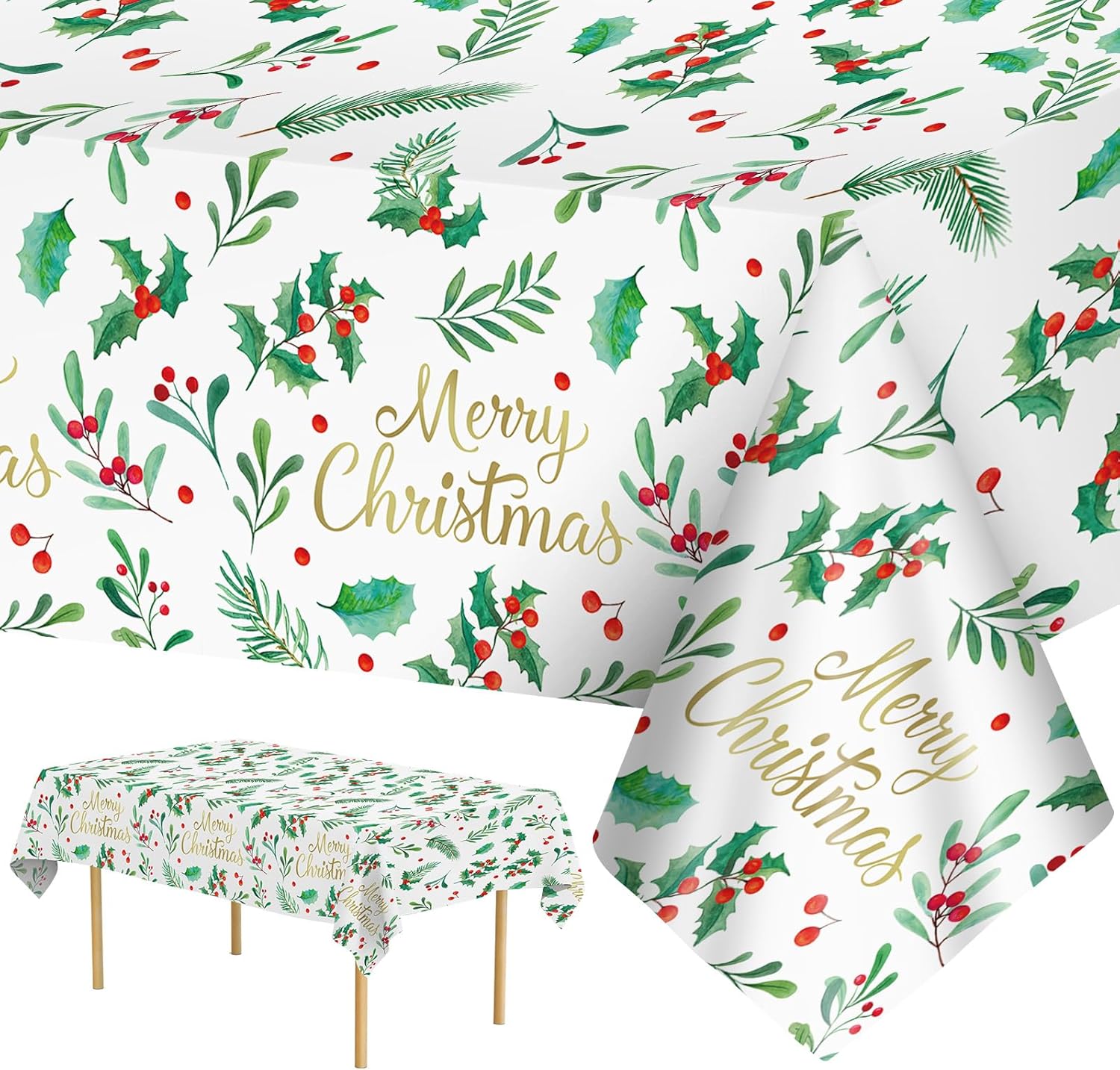 3 Pcs Merry Christmas Tablecloth Disposable - Rectangle Plastic Christmas Table Cloths, Holly Leaves Red Berries Table Cover for Winter Xmas Party Tables Decorations Supplies Favors, 54 x 108 Inch